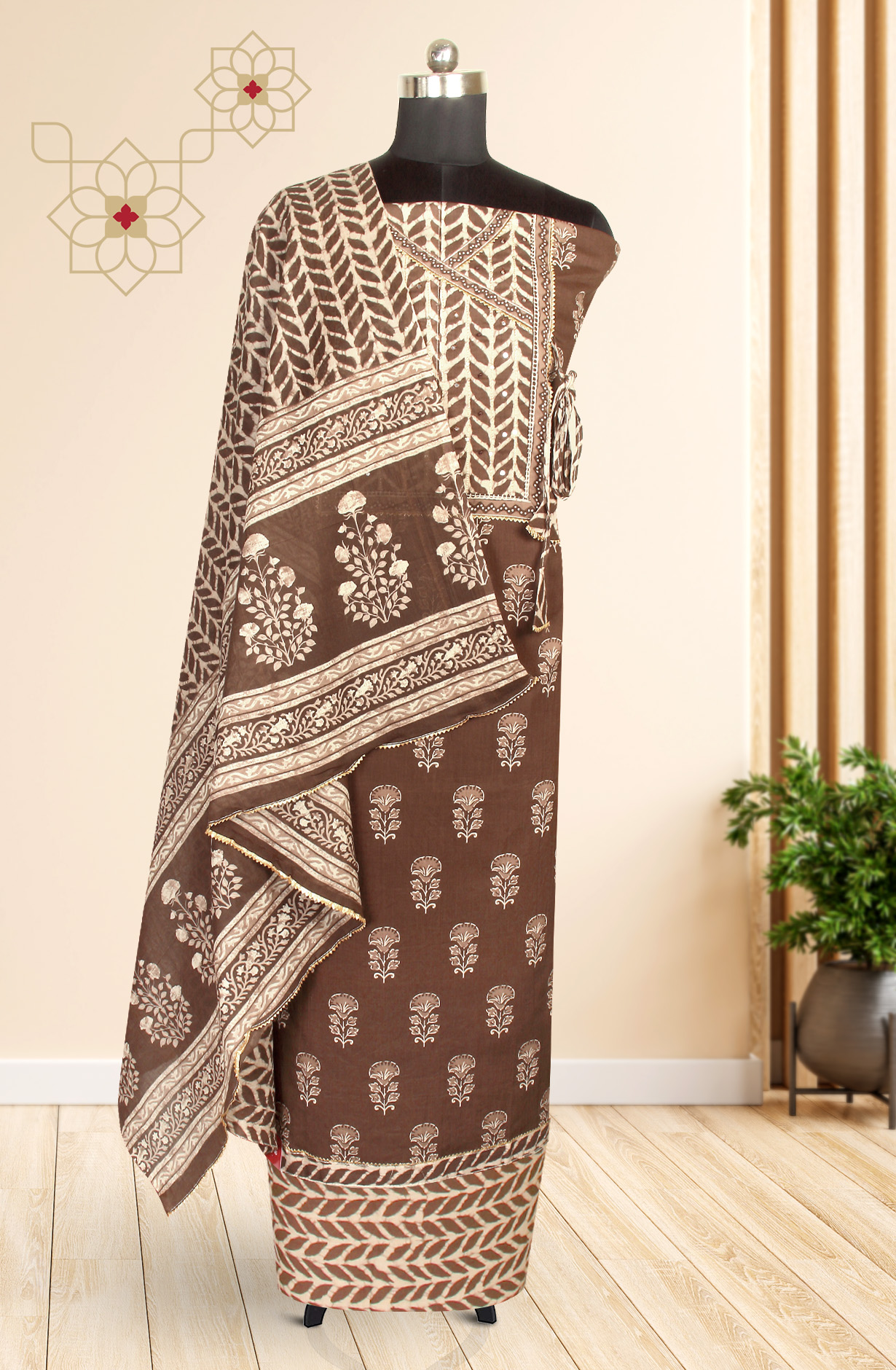 Coffee Printed Unstitched Cotton Dress Material - 983-3662-1B