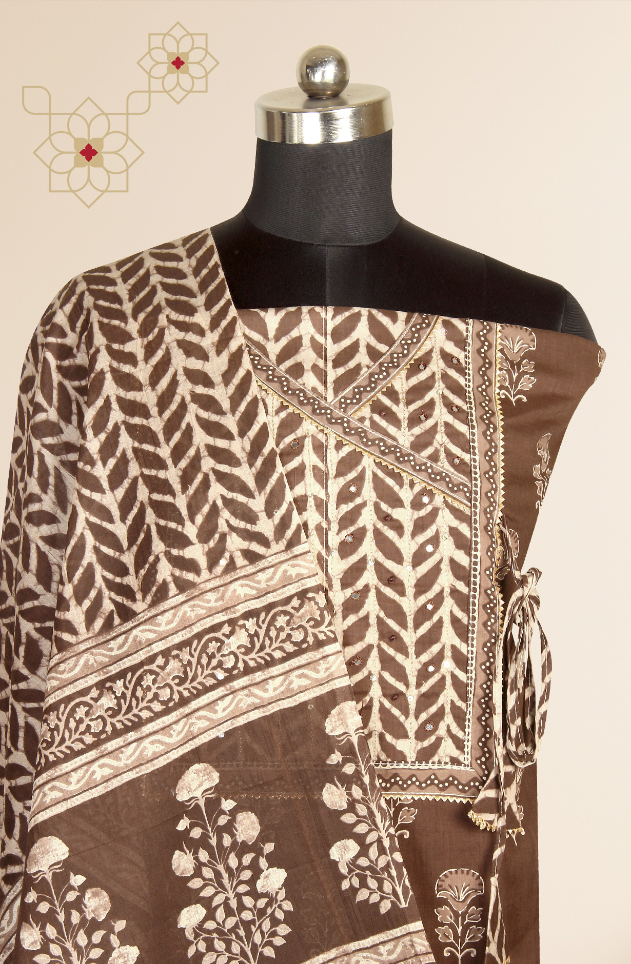 Coffee Printed Unstitched Cotton Dress Material - 983-3662-1B