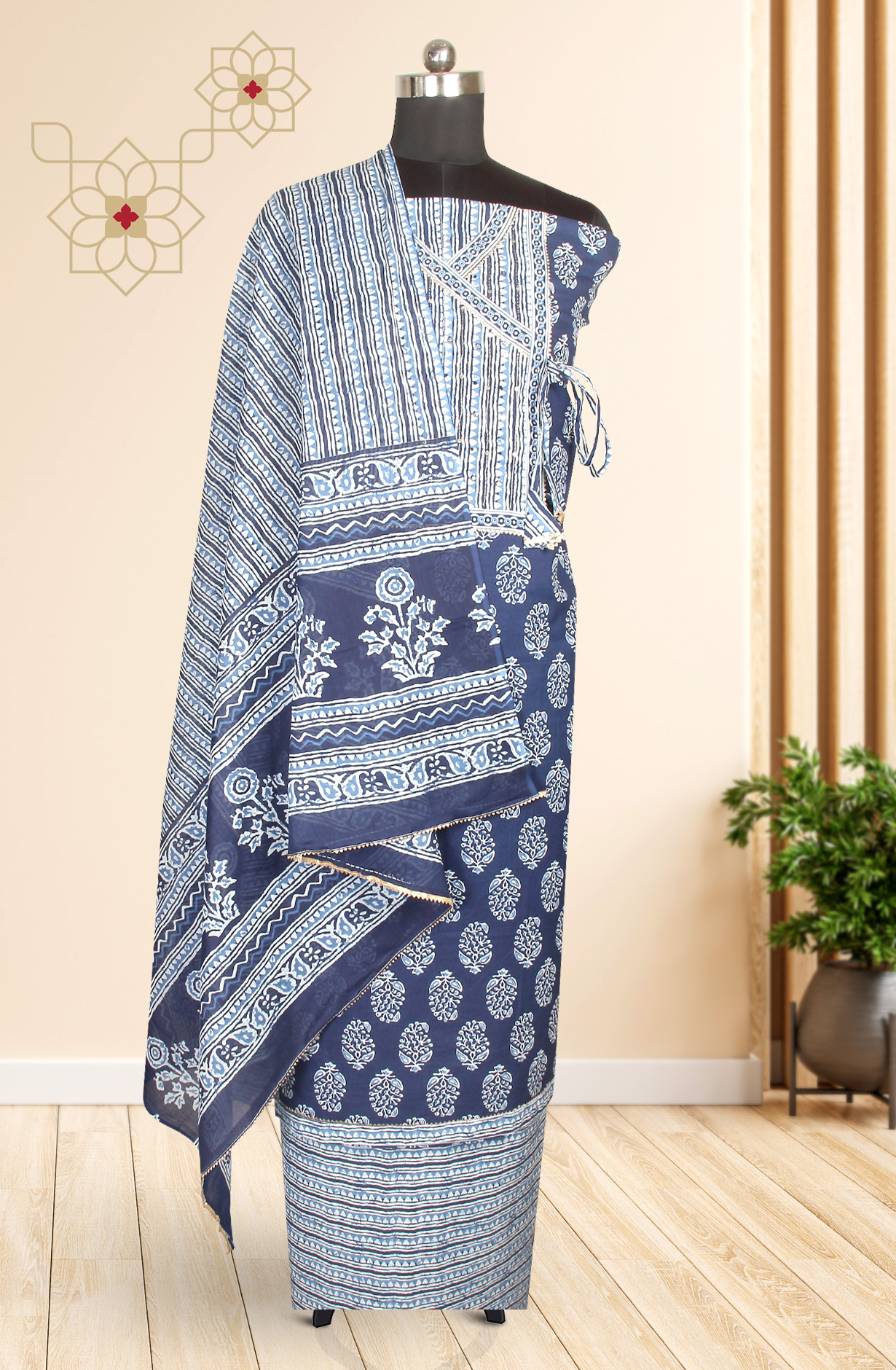 Blue Printed Unstitched Cotton Dress Material - 983-3662-2A