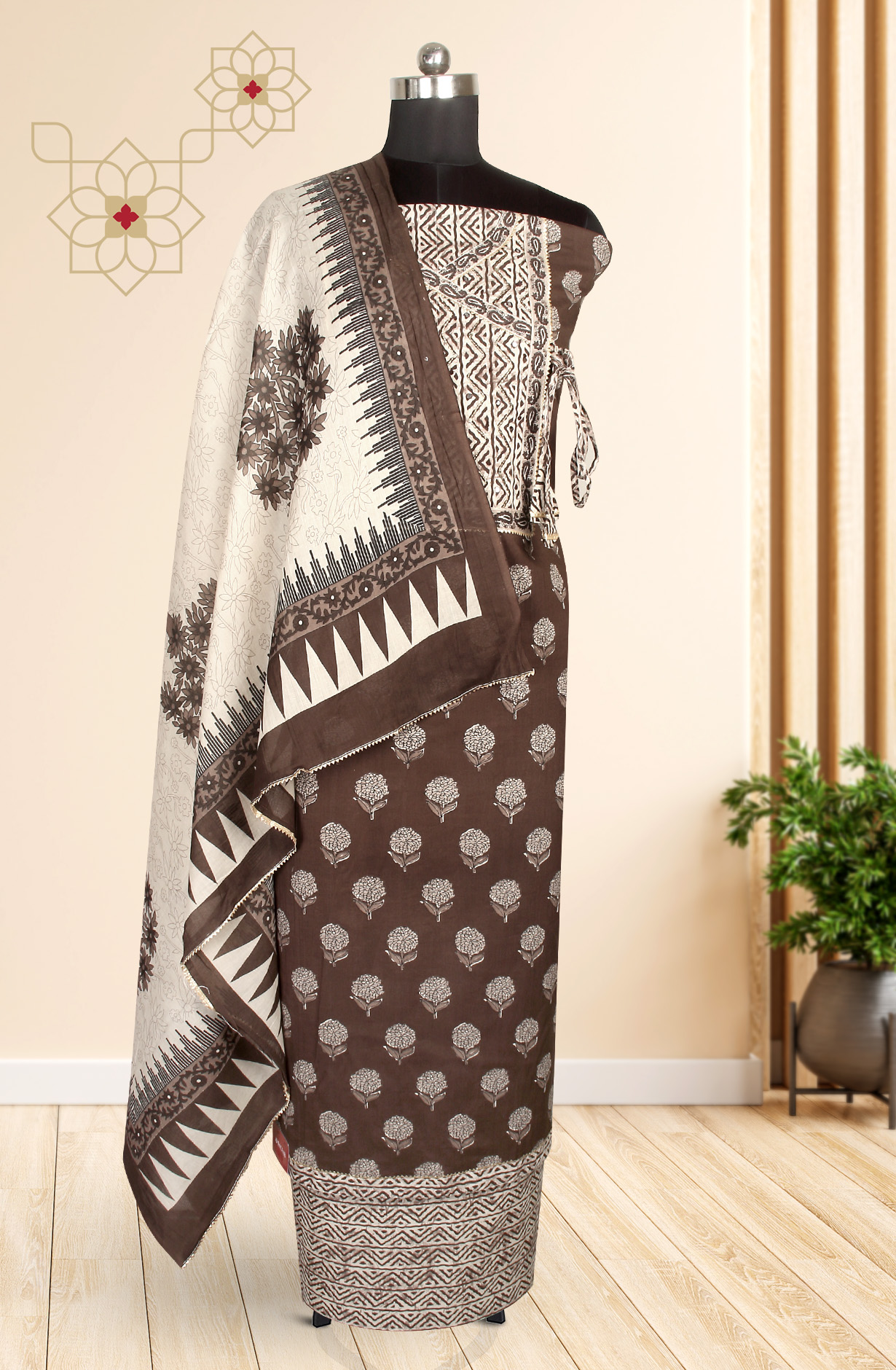 Coffee Printed Unstitched Cotton Dress Material - 983-3662-2B