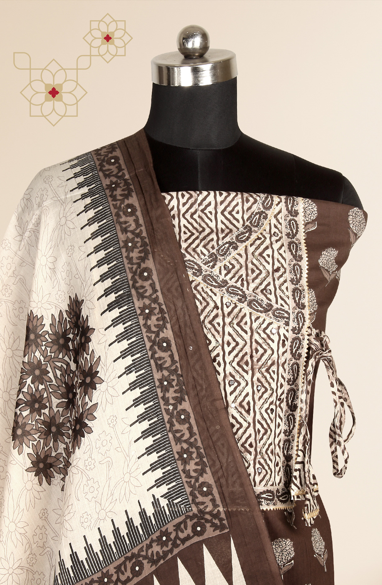 Coffee Printed Unstitched Cotton Dress Material - 983-3662-2B