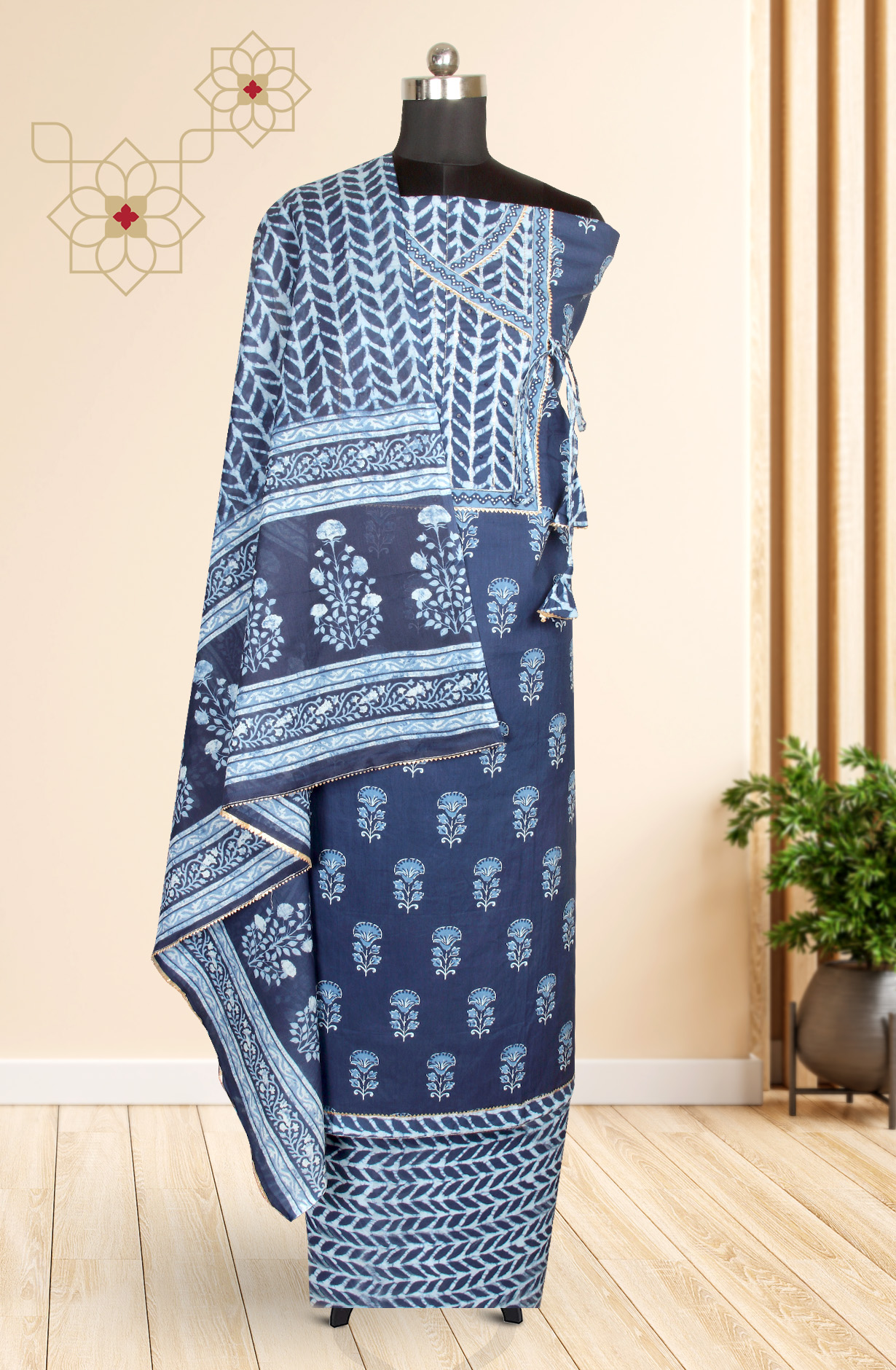 Blue Cotton Print Salwar Kameez - 983-3662-3A