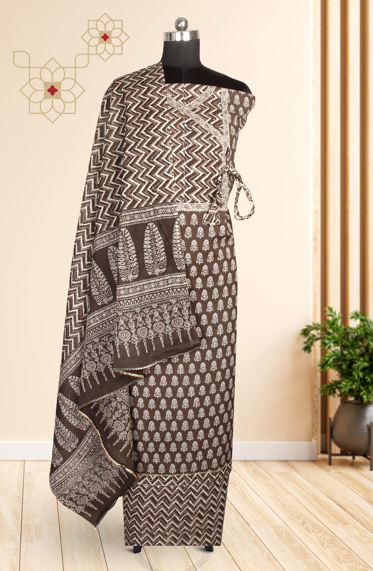 Coffee Printed Unstitched Cotton Dress Material - 983-3662-3B