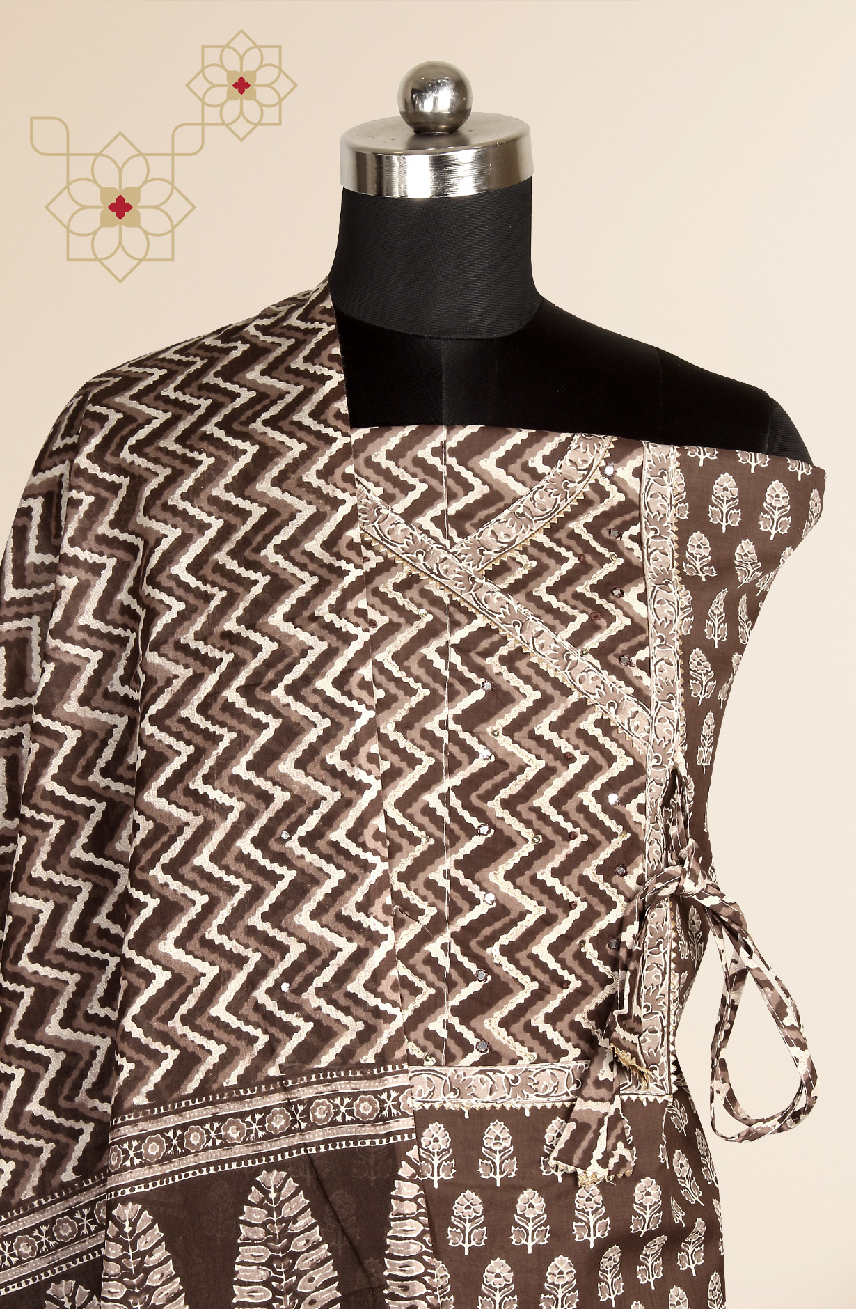 Coffee Printed Unstitched Cotton Dress Material - 983-3662-3B