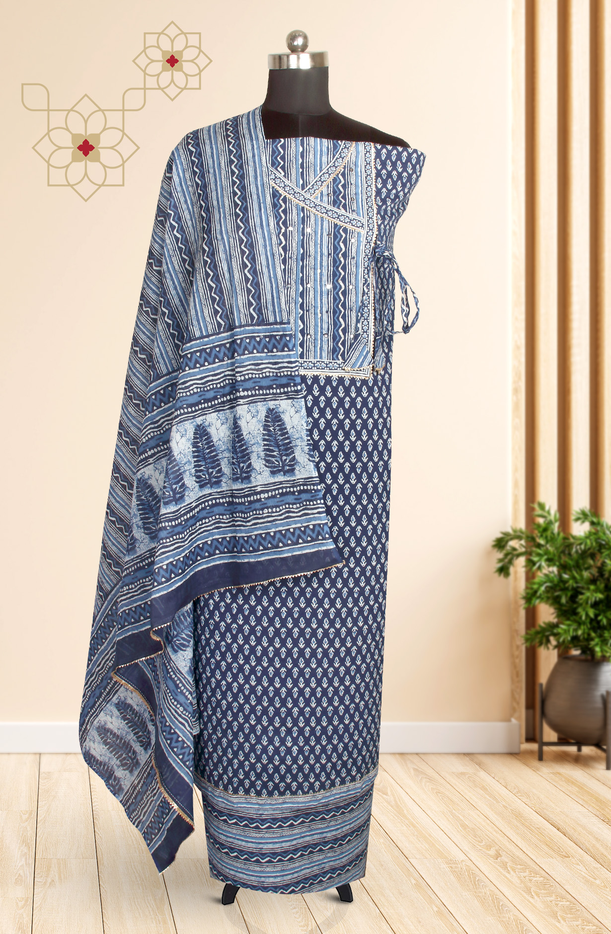 Blue Cotton Angrakha Block Printed Salwar Kameez - 983-3662-5A