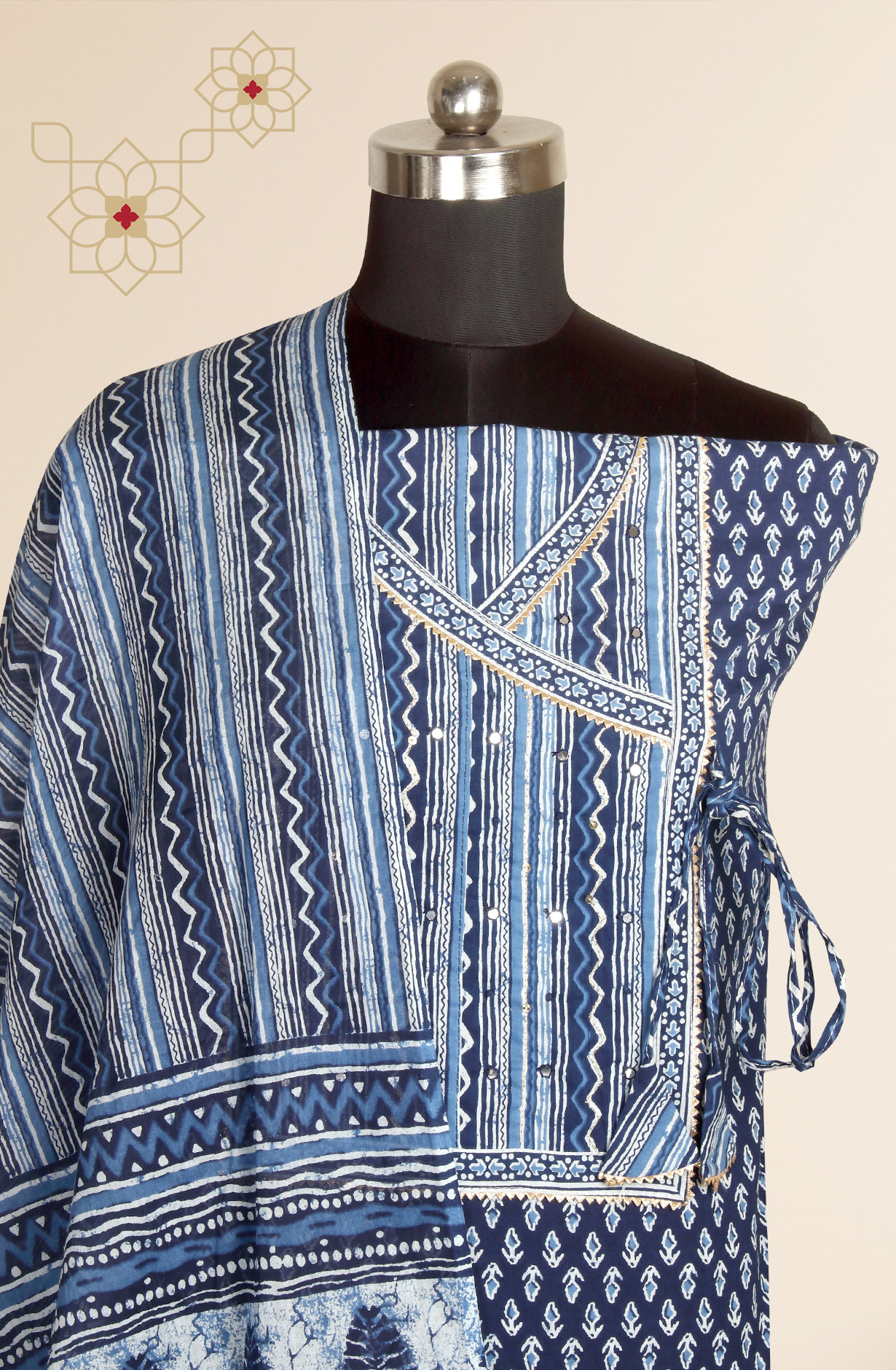 Blue Cotton Angrakha Block Printed Salwar Kameez - 983-3662-5A