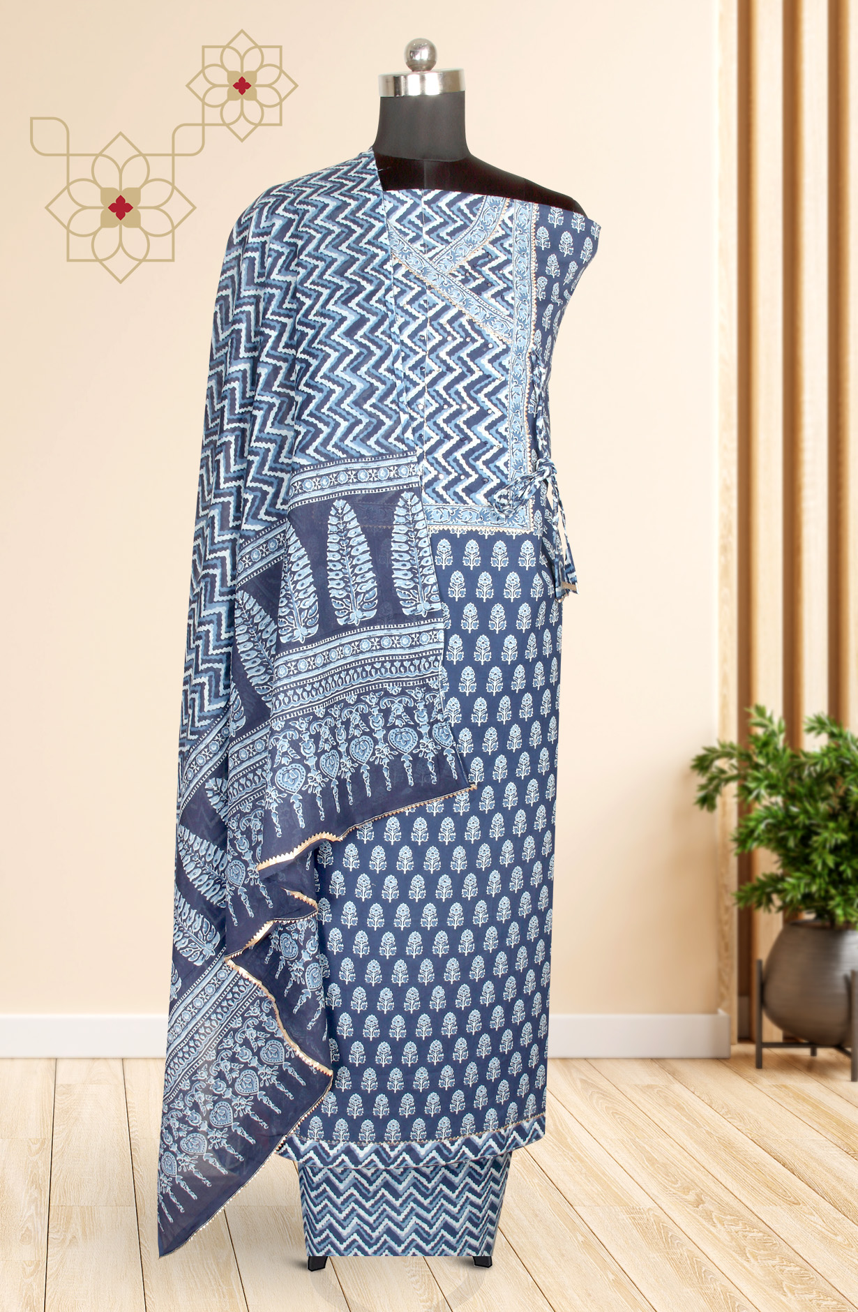 Blue Cotton Print Salwar Suit - 983-3662