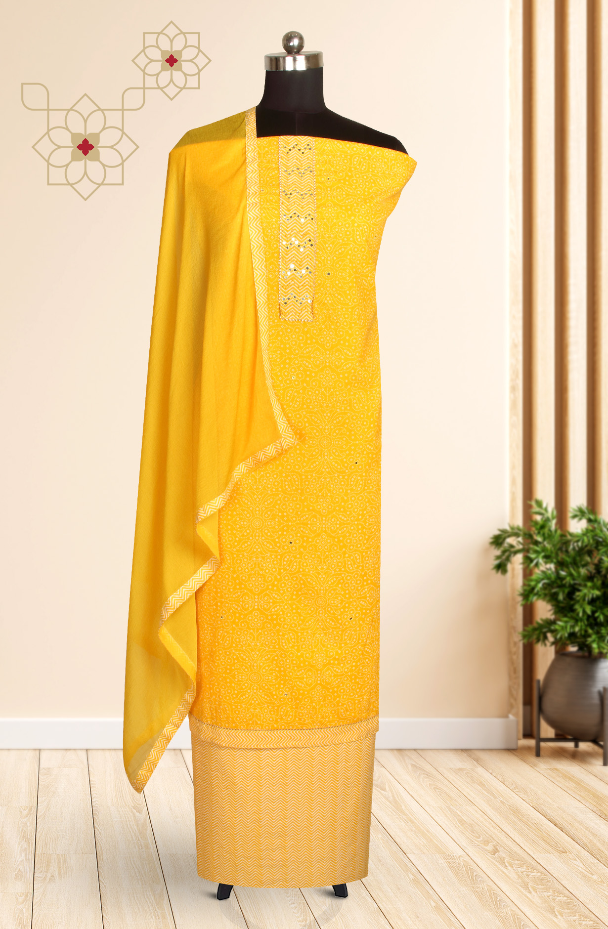Yellow Cotton Bandhej Print Salwar Suit with Chiffon Dupatta - 983-3742-26B