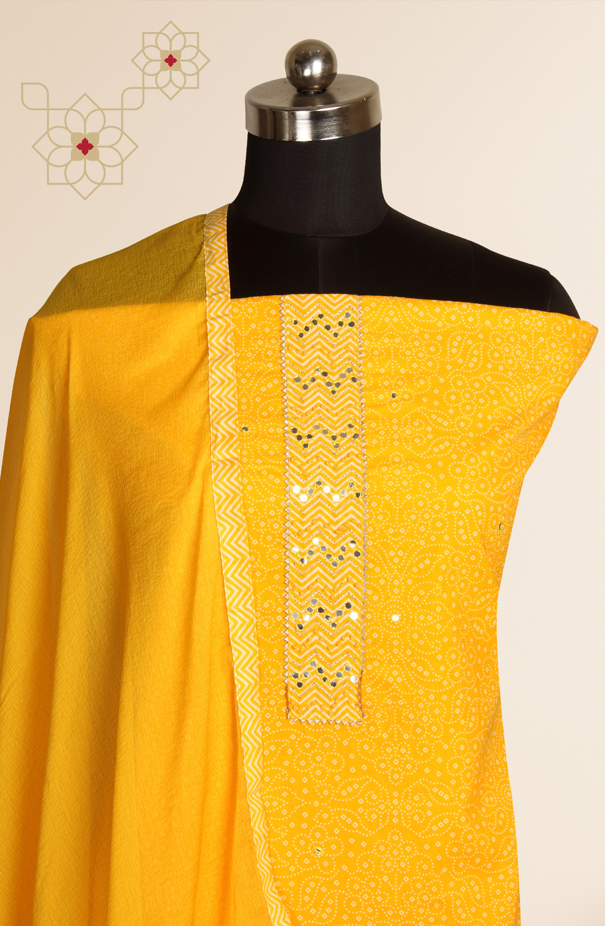 Yellow Cotton Bandhej Print Salwar Suit with Chiffon Dupatta - 983-3742-26B