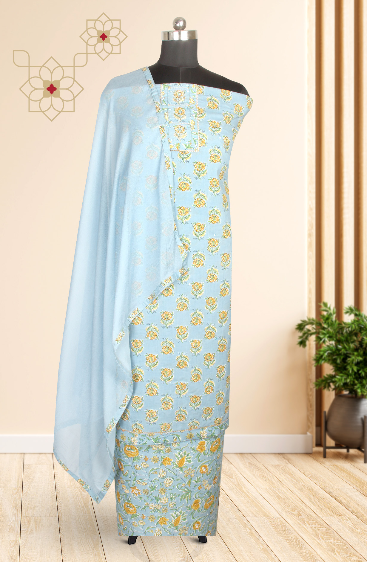 Pastel Blue Printed Unstitched Cotton Dress Material with Chiffon Dupatta - 983-3742-35A