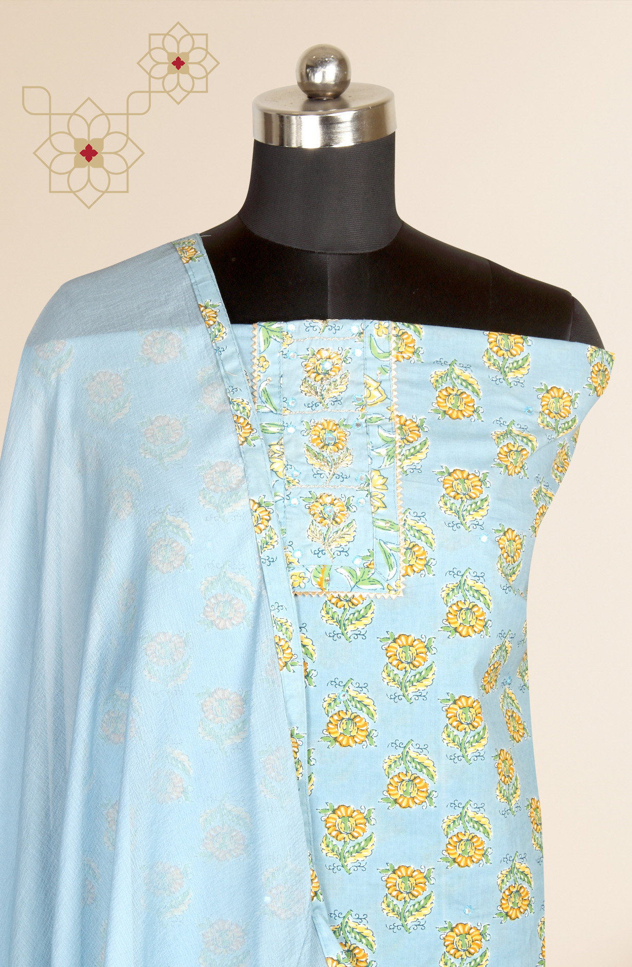 Pastel Blue Printed Unstitched Cotton Dress Material with Chiffon Dupatta - 983-3742-35A