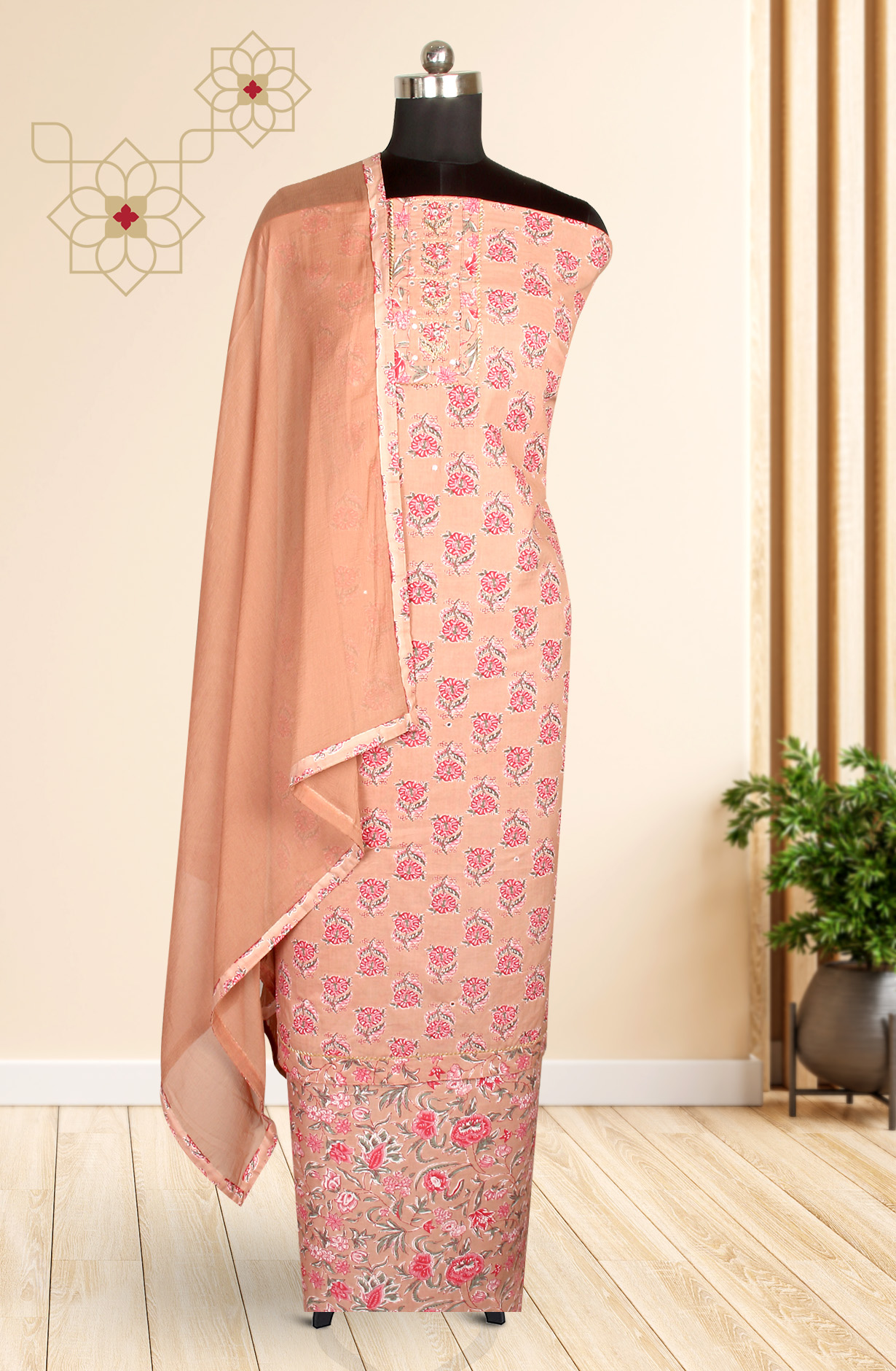 Peach Printed Unstitched Cotton Dress Material with Chiffon Dupatta - 983-3742-35B