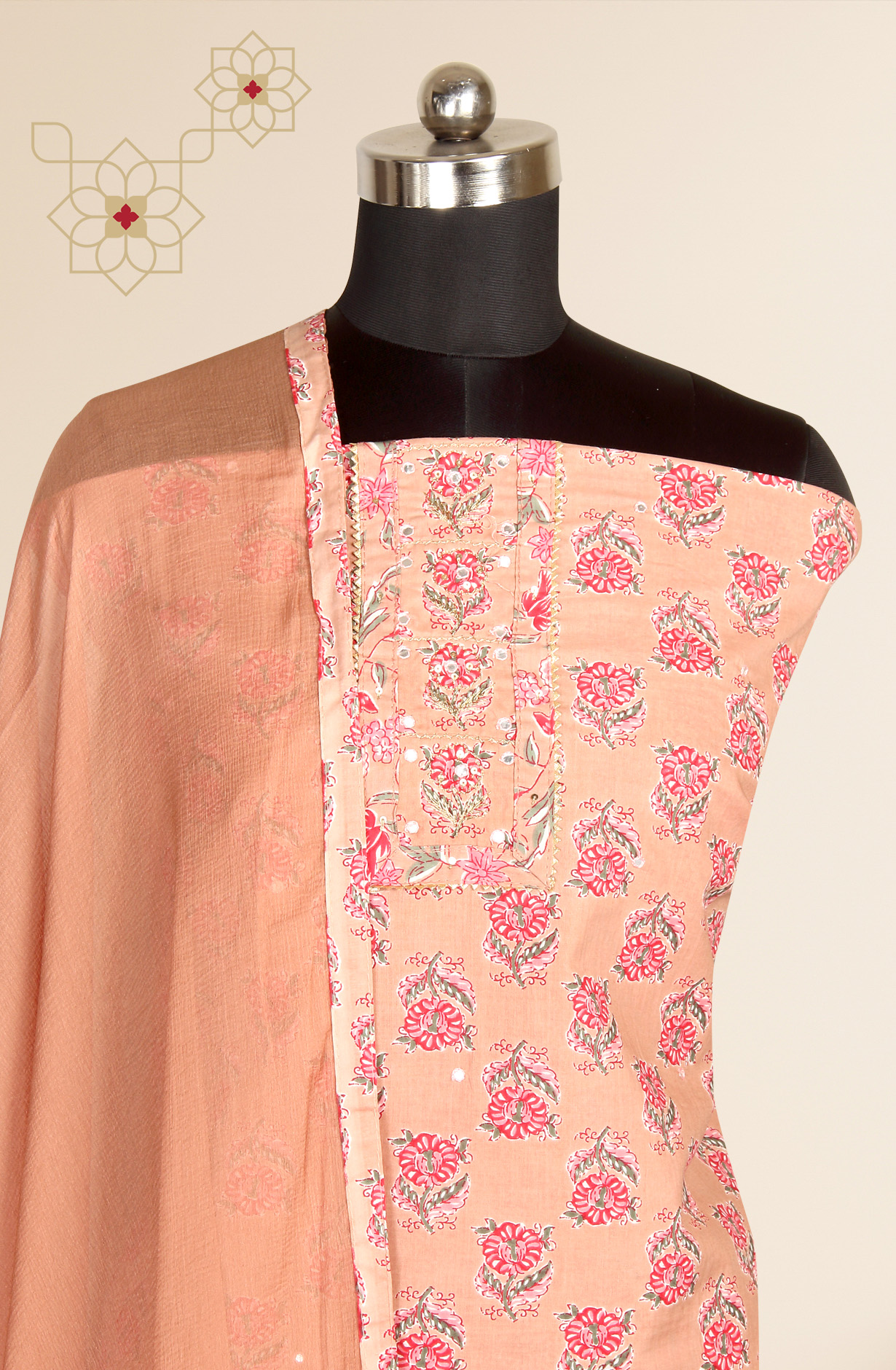 Peach Printed Unstitched Cotton Dress Material with Chiffon Dupatta - 983-3742-35B
