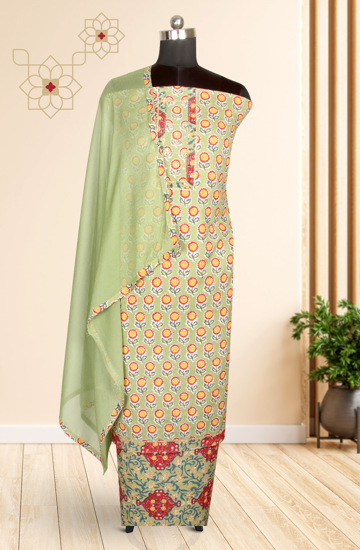 Green Cotton Printed Salwar Kameez with Chiffon Dupatta - 983-3742-36A