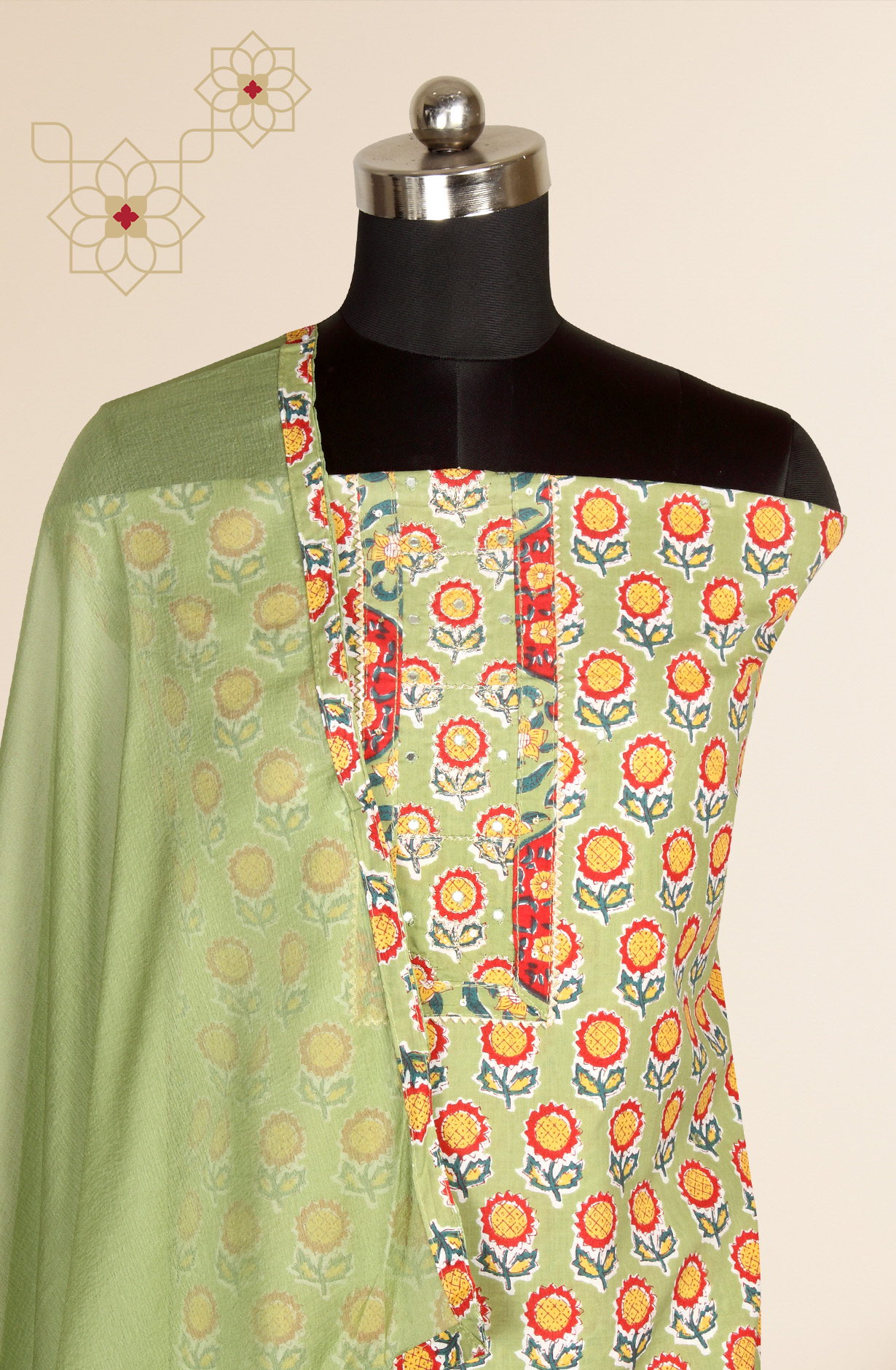 Green Cotton Printed Salwar Kameez with Chiffon Dupatta - 983-3742-36A