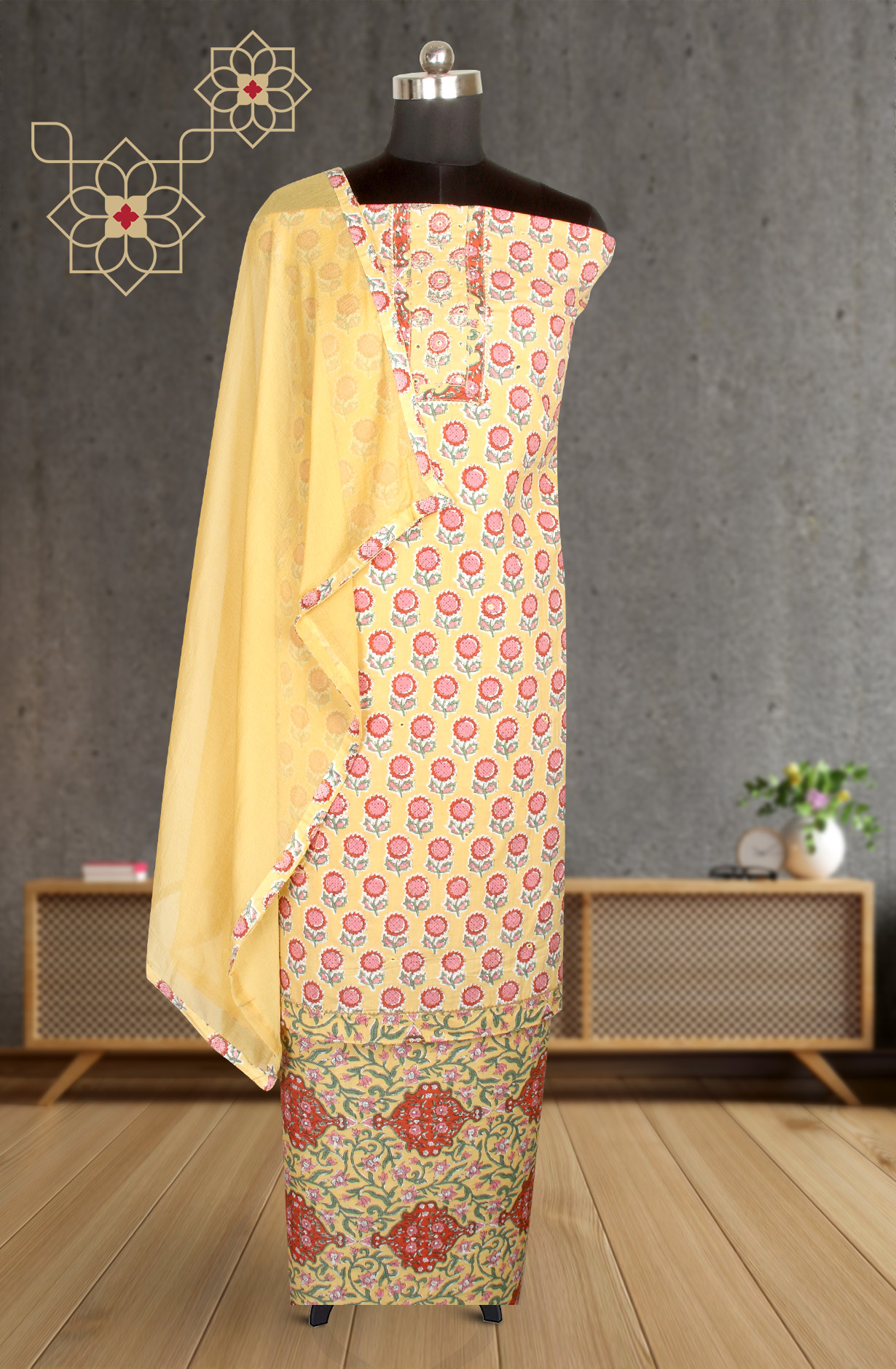 Mustard Printed Unstitched Cotton Dress Material with Chiffon Dupatta - 983-3742-36B