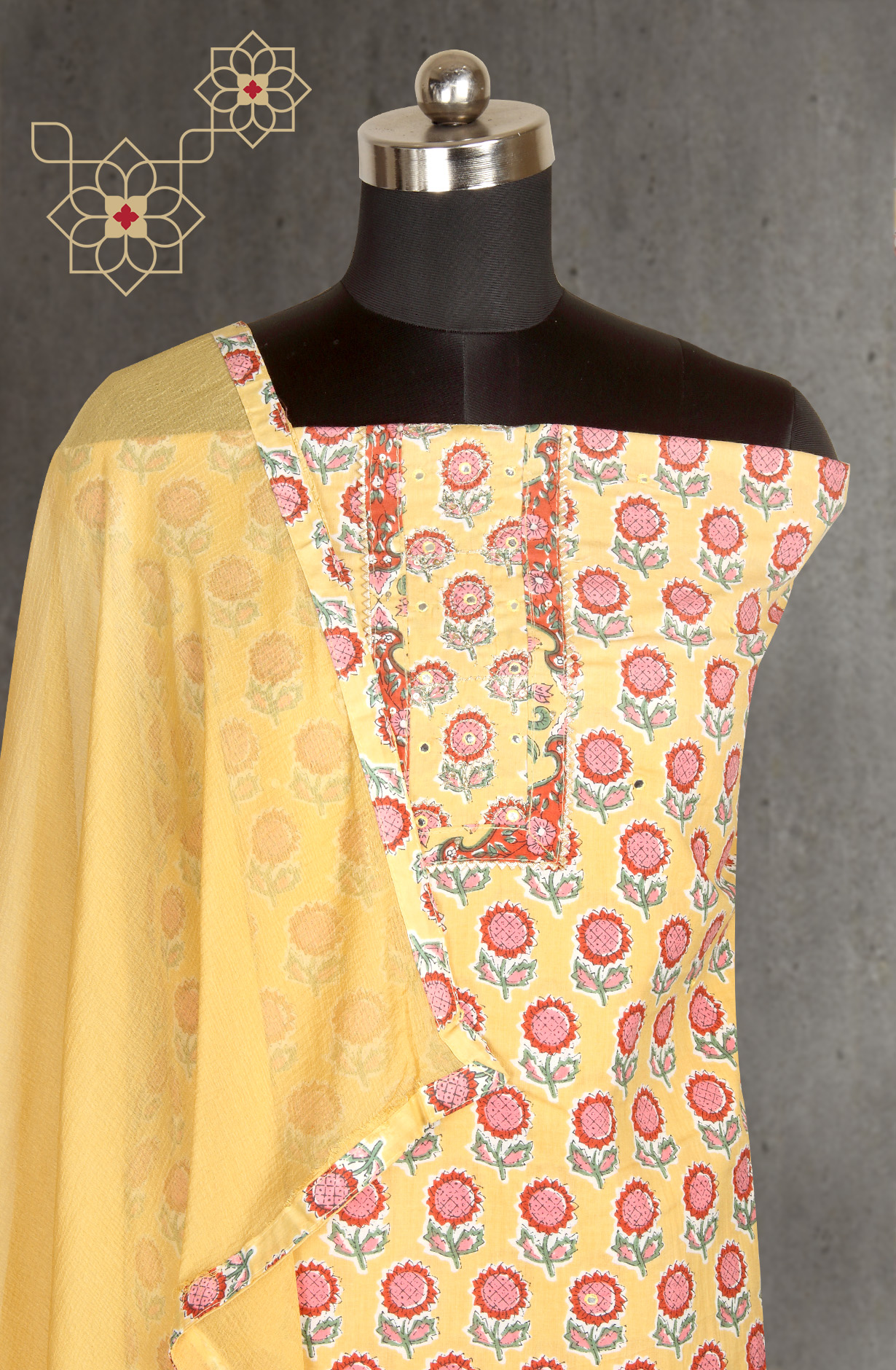Mustard Printed Unstitched Cotton Dress Material with Chiffon Dupatta - 983-3742-36B