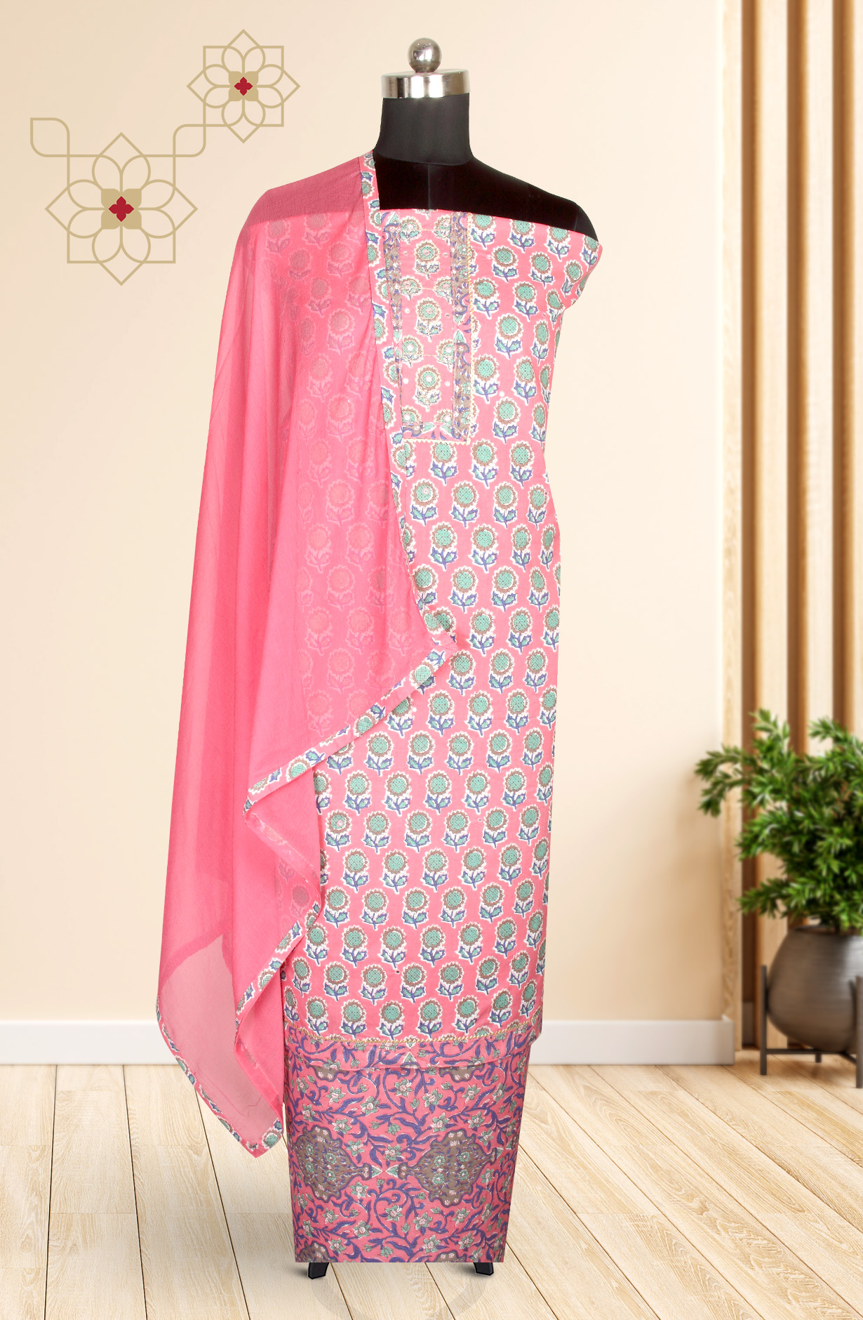 Pink Cotton Printed Salwar Kameez with Chiffon Dupatta - 983-3742-36C
