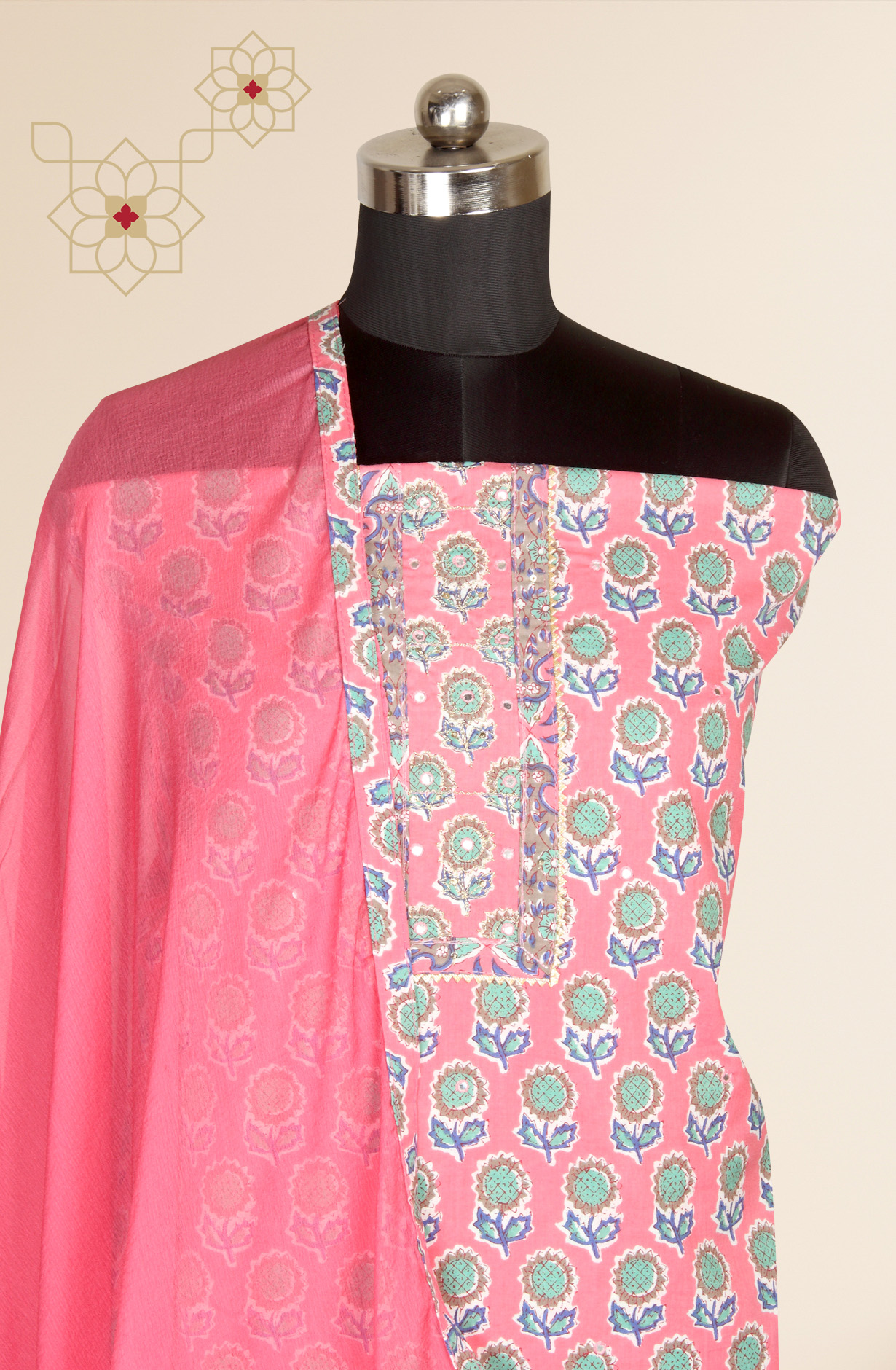 Pink Cotton Printed Salwar Kameez with Chiffon Dupatta - 983-3742-36C