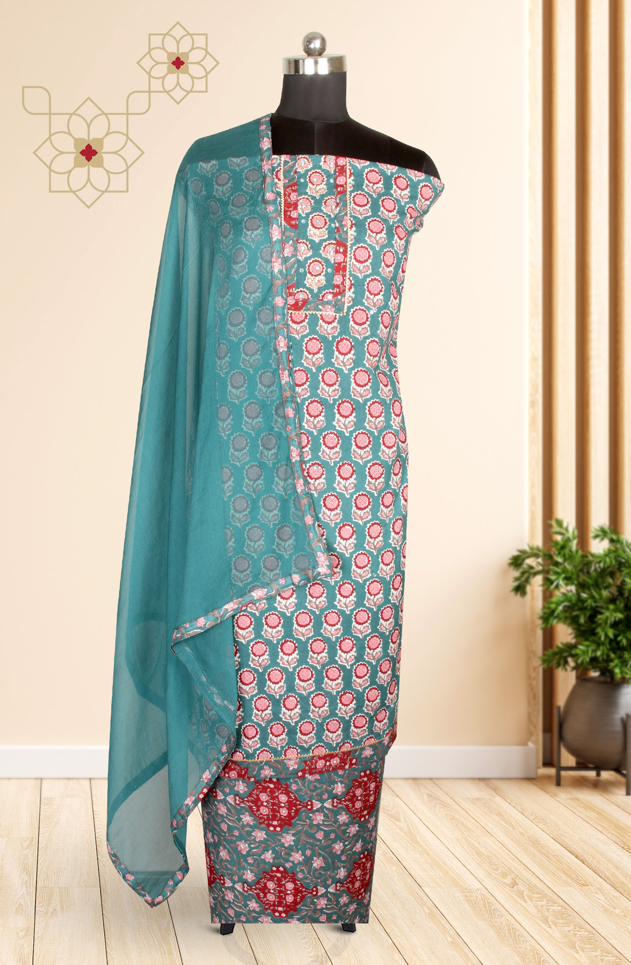 Teal Cotton Printed Salwar Kameez with Chiffon Dupatta - 983-3742-36D