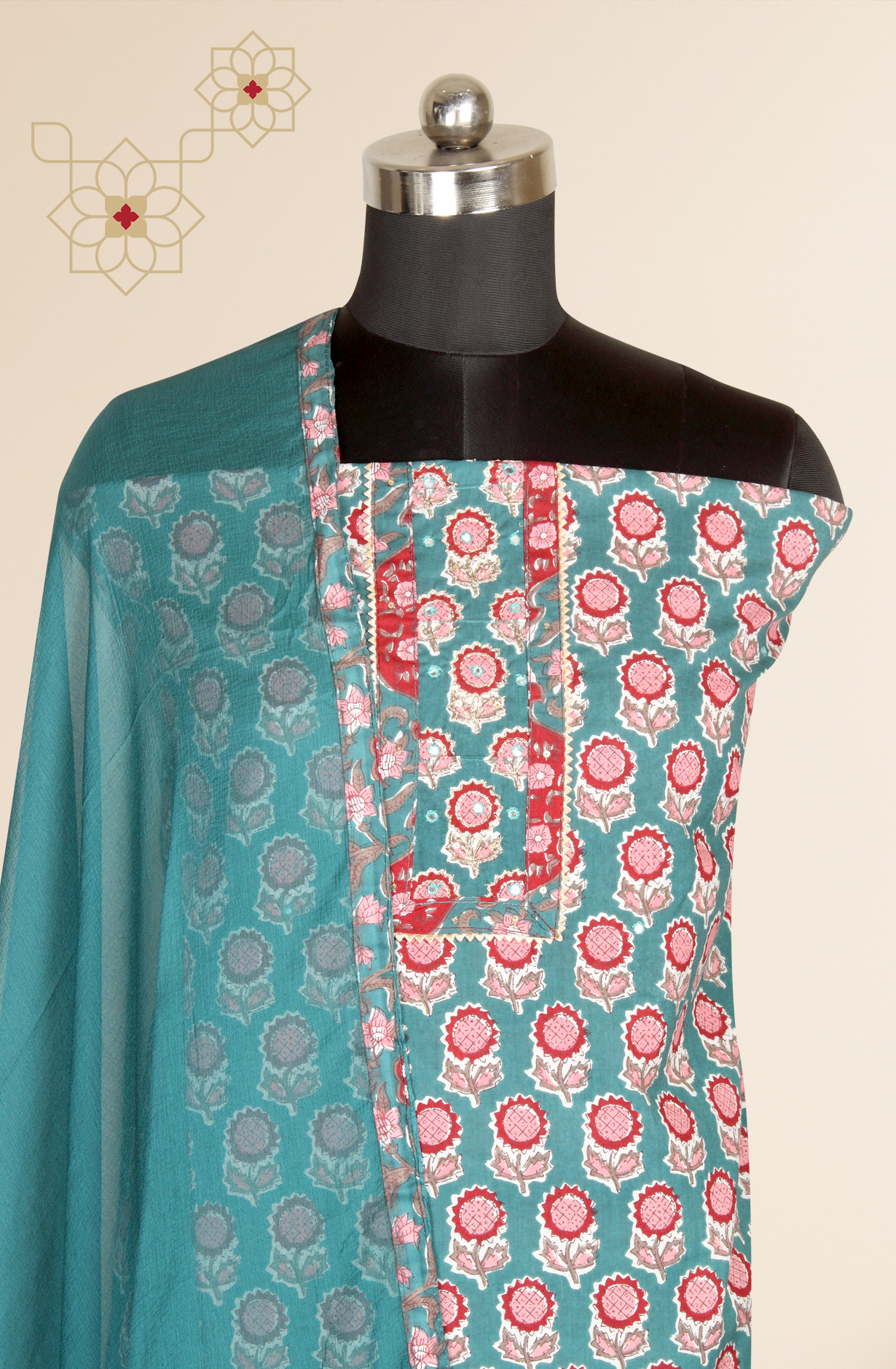Teal Cotton Printed Salwar Kameez with Chiffon Dupatta - 983-3742-36D