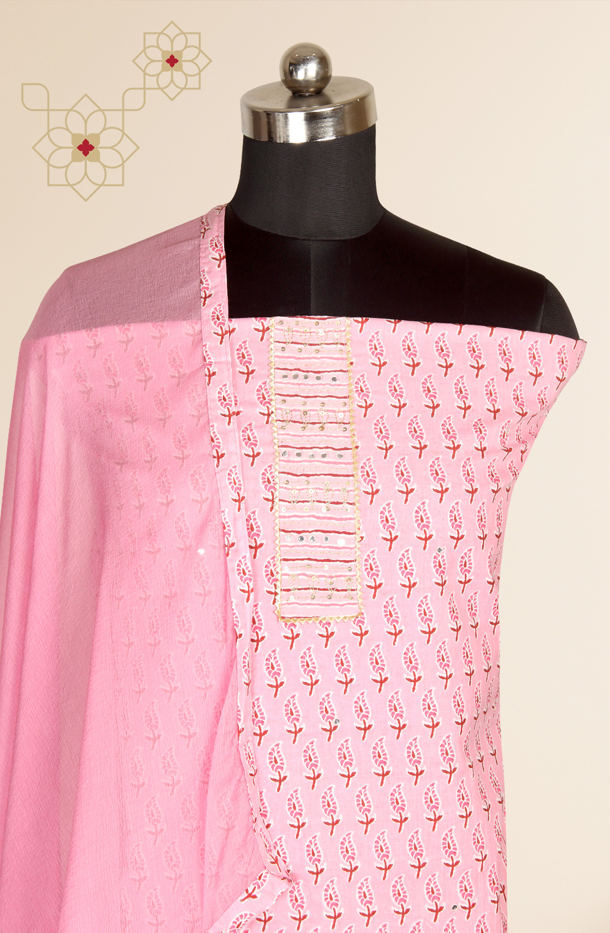 Pink Cotton Printed Salwar Suit with Chiffon Dupatta - 983-3742-37A