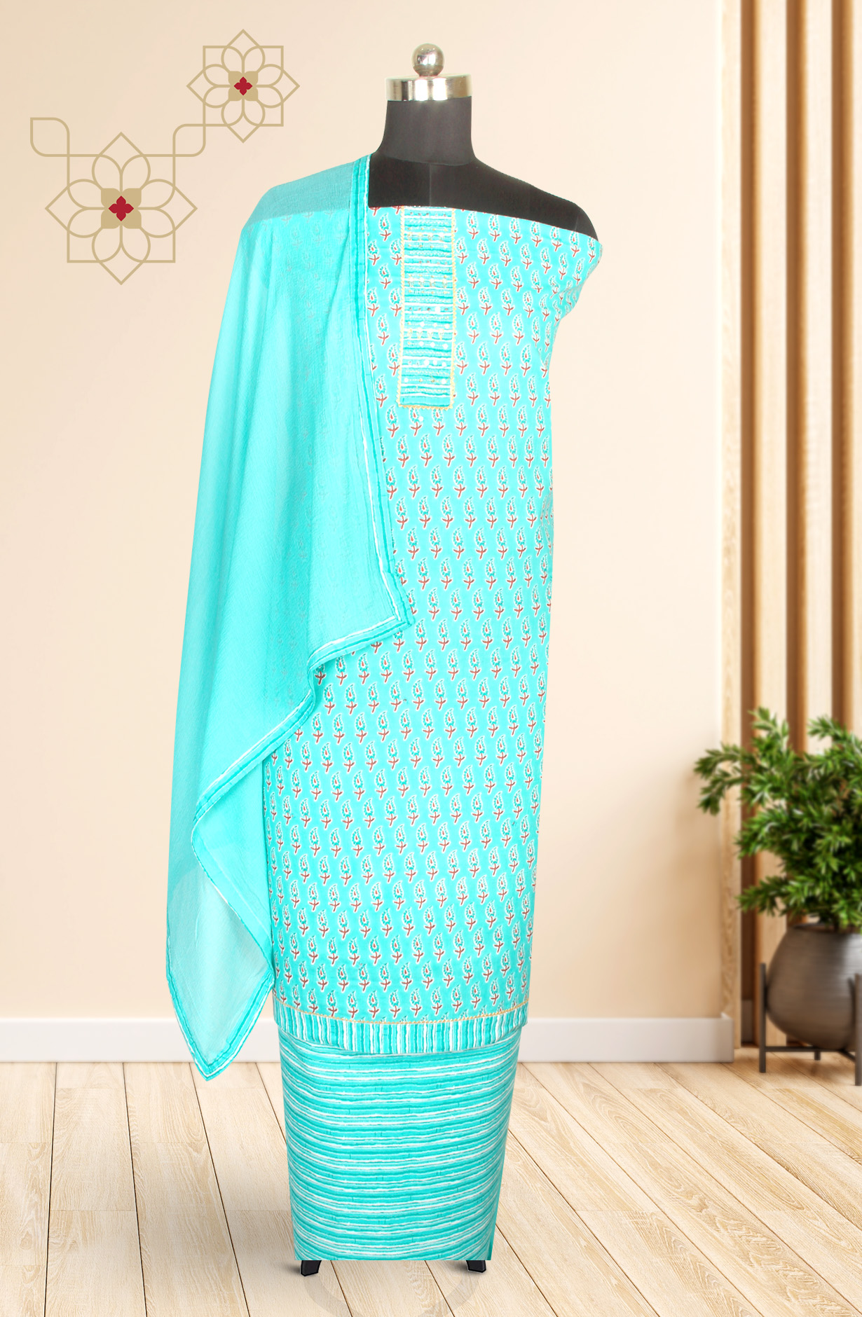 Turquoise Cotton Printed Salwar Suit with Chiffon Dupatta - 983-3742-37B