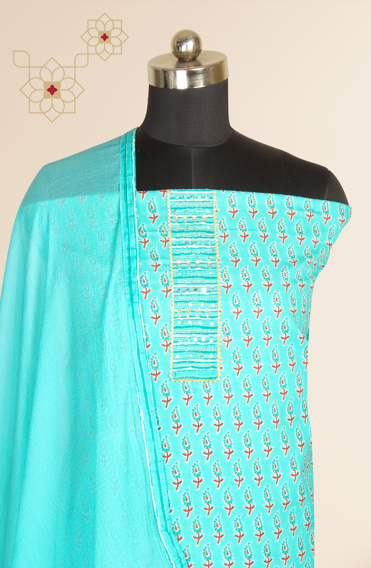 Turquoise Cotton Printed Salwar Suit with Chiffon Dupatta - 983-3742-37B