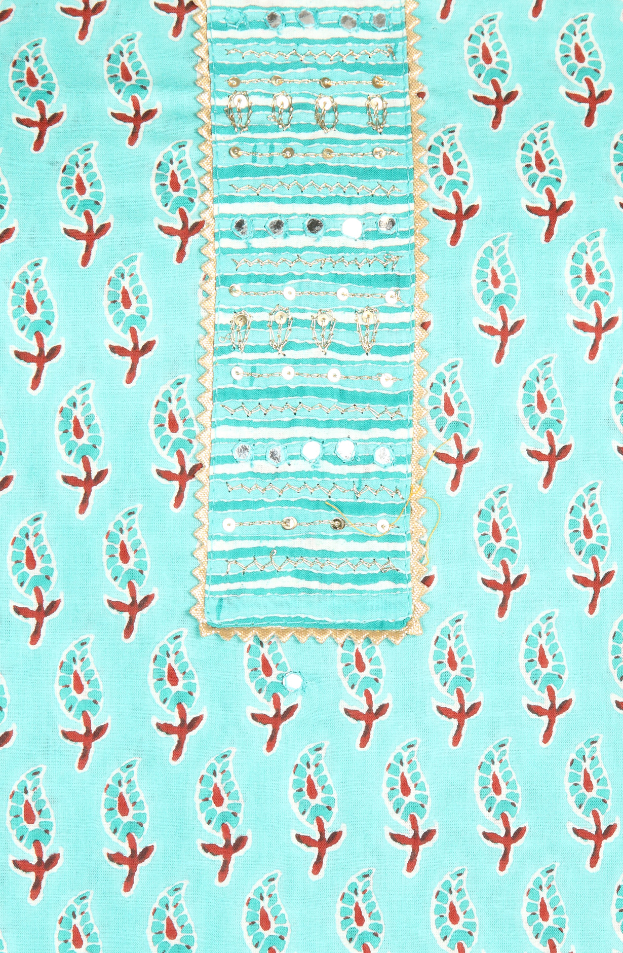 Turquoise Cotton Printed Salwar Suit with Chiffon Dupatta - 983-3742-37B