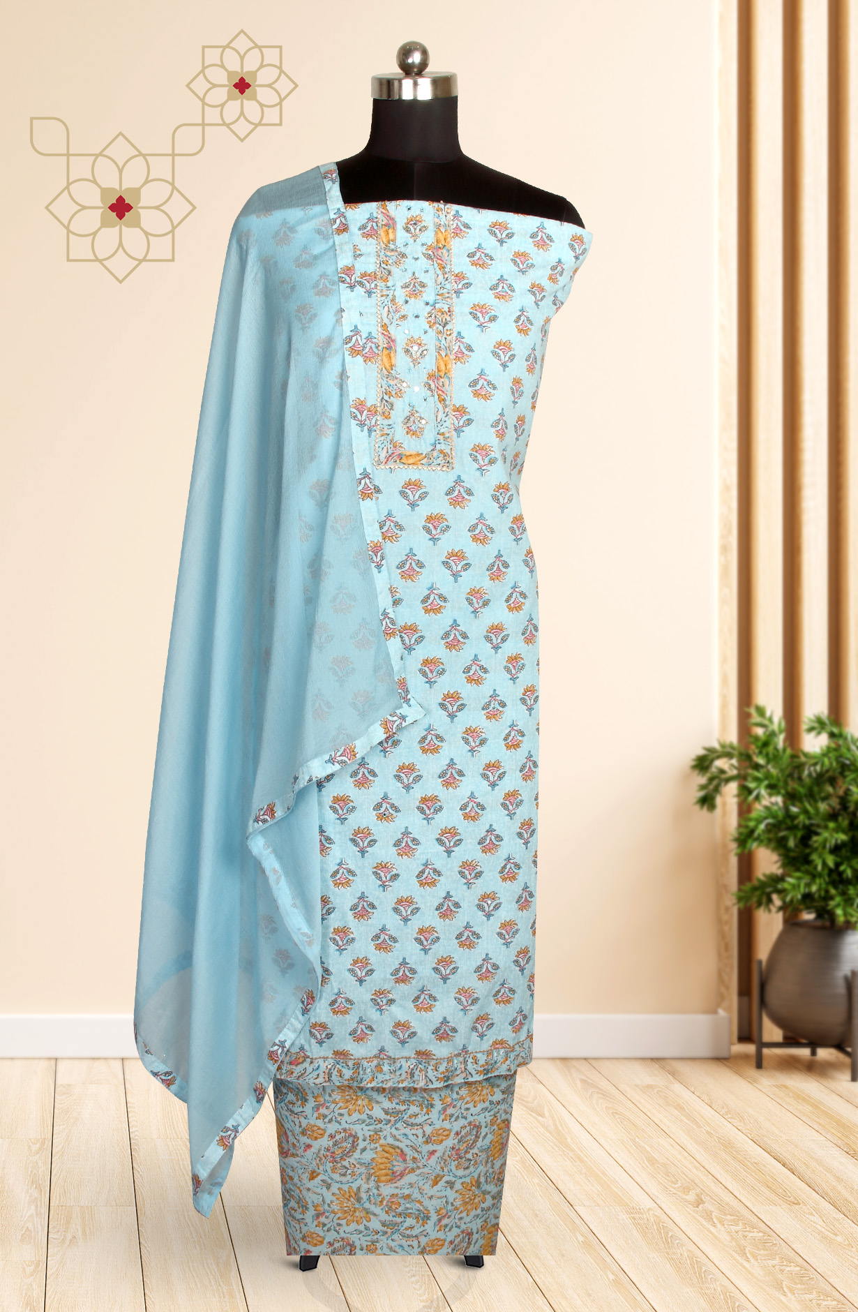 Pastel Blue Cotton Printed Salwar Suit with Chiffon Dupatta - 983-3742-38A