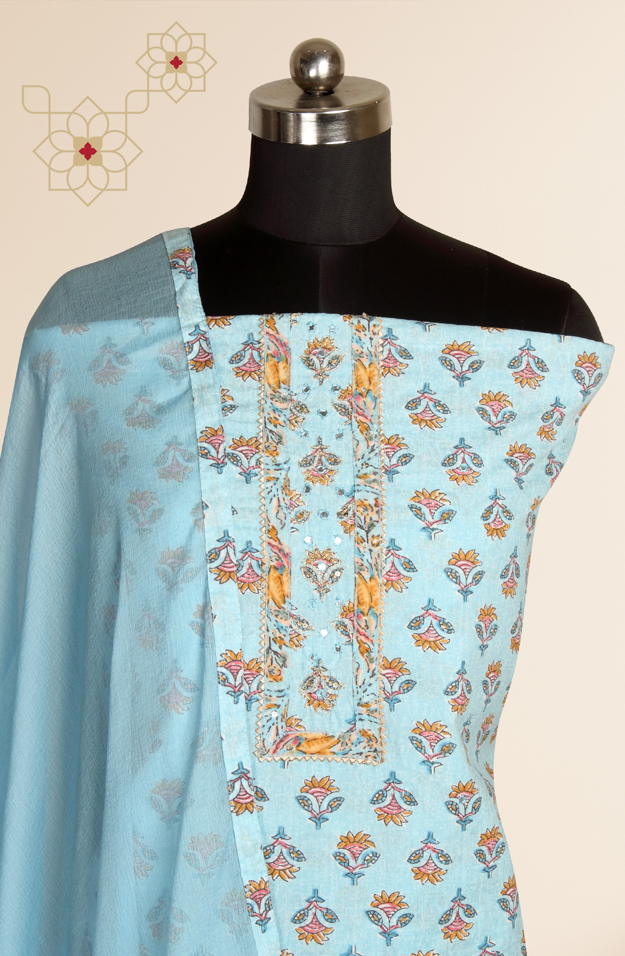 Pastel Blue Cotton Printed Salwar Suit with Chiffon Dupatta - 983-3742-38A