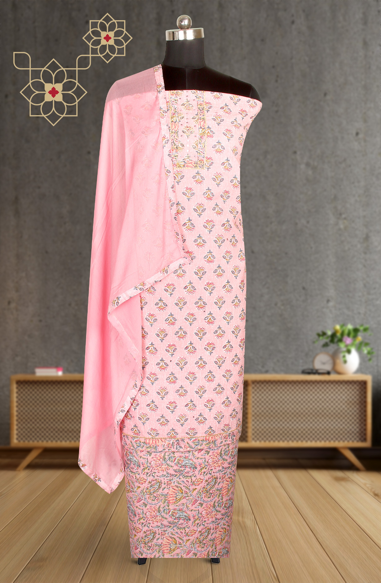 Pink Printed Unstitched Cotton Dress Material with Chiffon Dupatta - 983-3742-38B