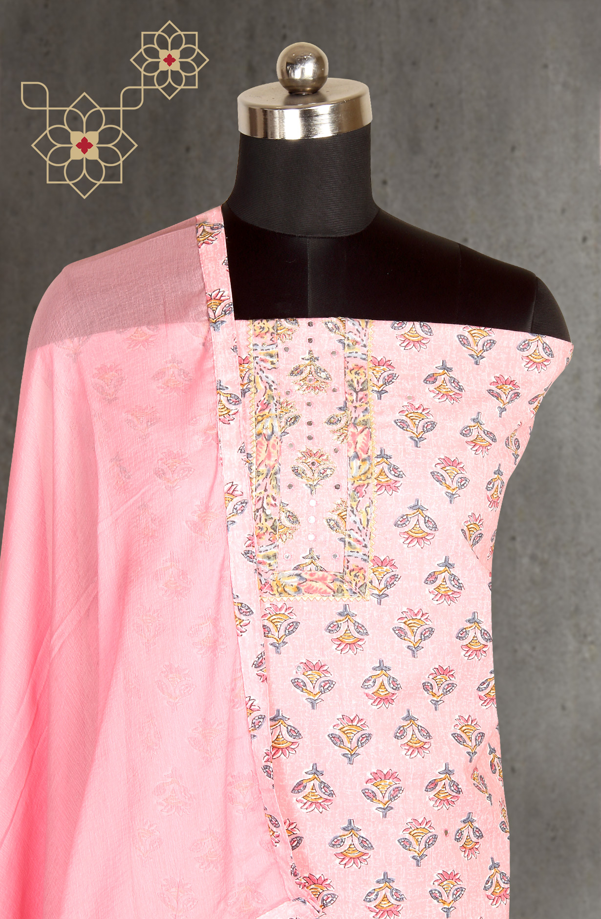 Pink Printed Unstitched Cotton Dress Material with Chiffon Dupatta - 983-3742-38B