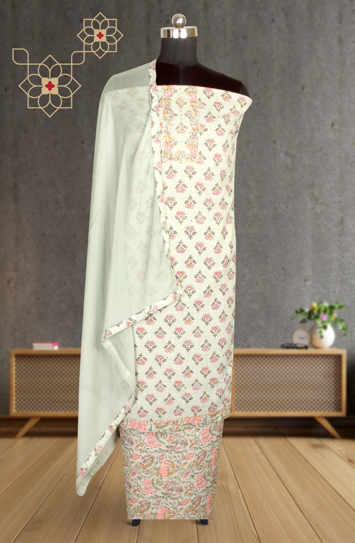 Pista Green Cotton Printed Salwar Suit with Chiffon Dupatta - 983-3742-38C