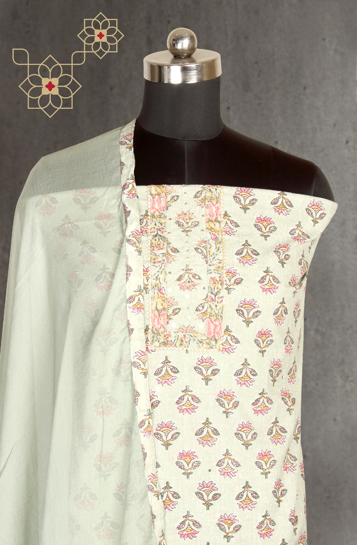 Pista Green Cotton Printed Salwar Suit with Chiffon Dupatta - 983-3742-38C
