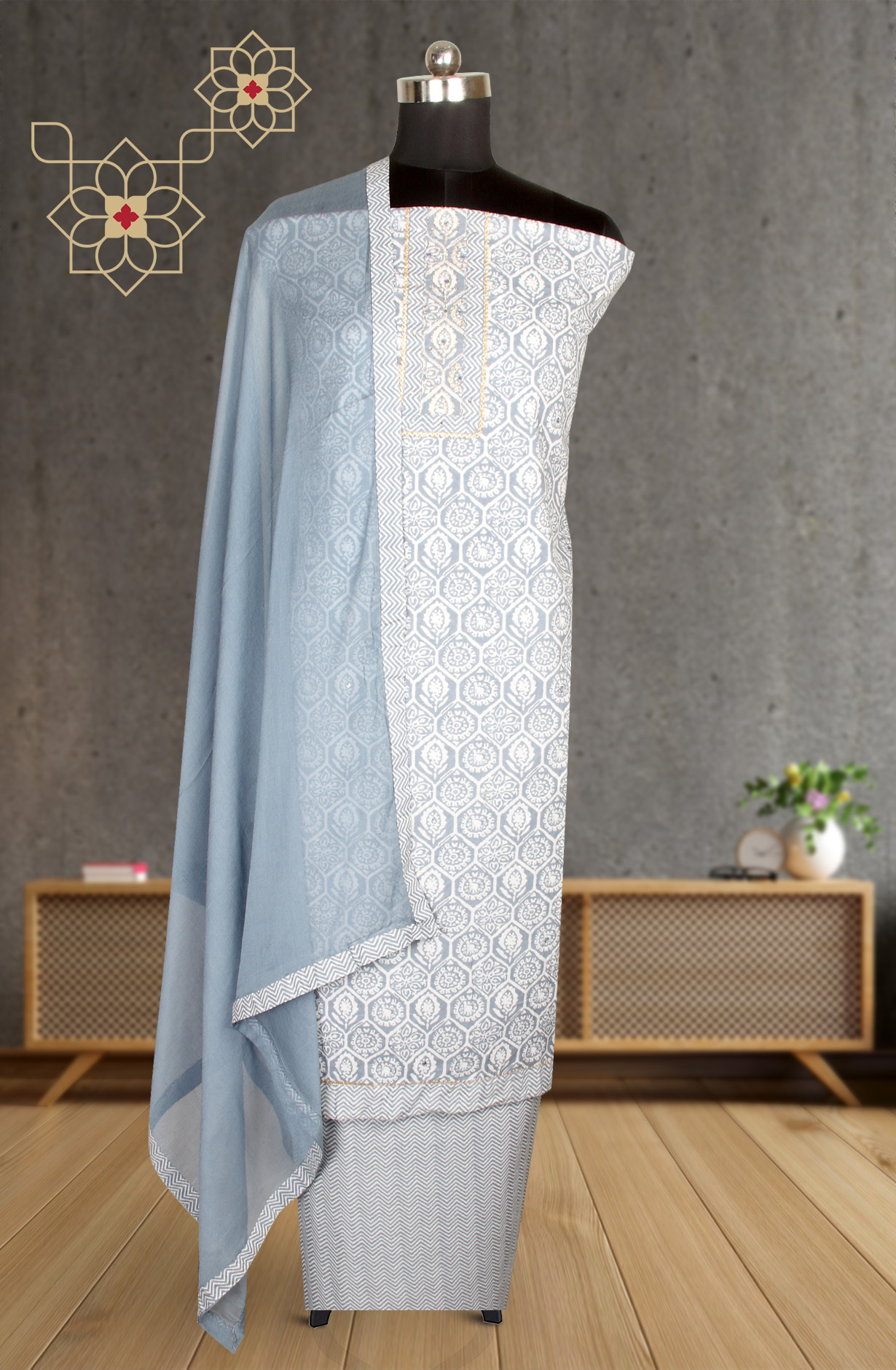 Grey Cotton Printed Salwar Kameez with Chiffon Dupatta - 983-3742-39A