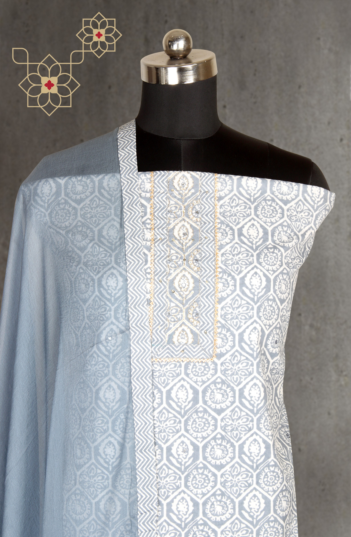 Grey Cotton Printed Salwar Kameez with Chiffon Dupatta - 983-3742-39A