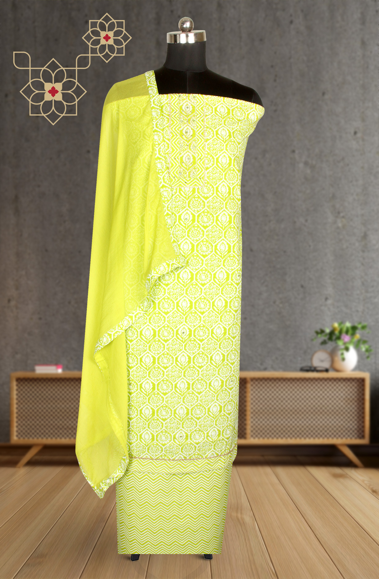 Parrot Green Cotton Printed Salwar Kameez with Chiffon Dupatta - 983-3742-39B