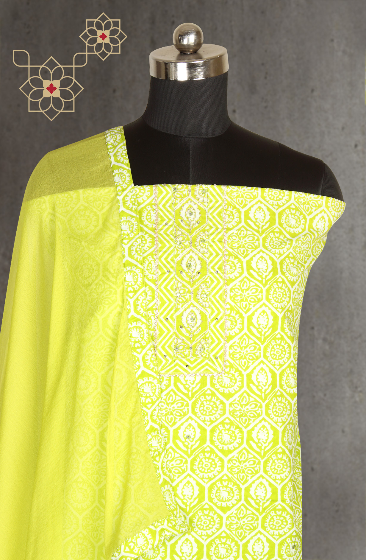 Parrot Green Cotton Printed Salwar Kameez with Chiffon Dupatta - 983-3742-39B