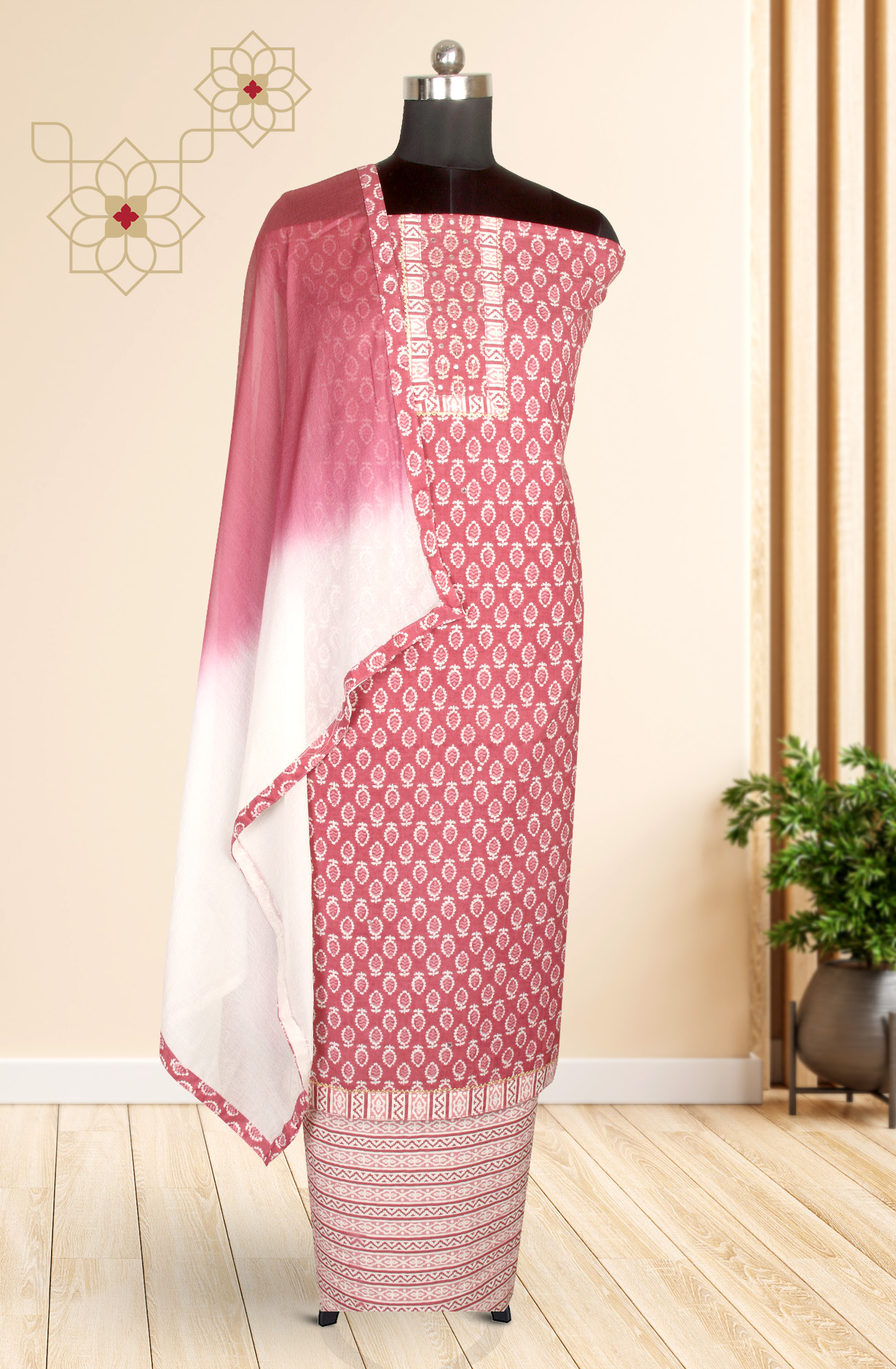 Mauve Cotton Printed Salwar Suit with Chiffon Dupatta - 983-3742-40A