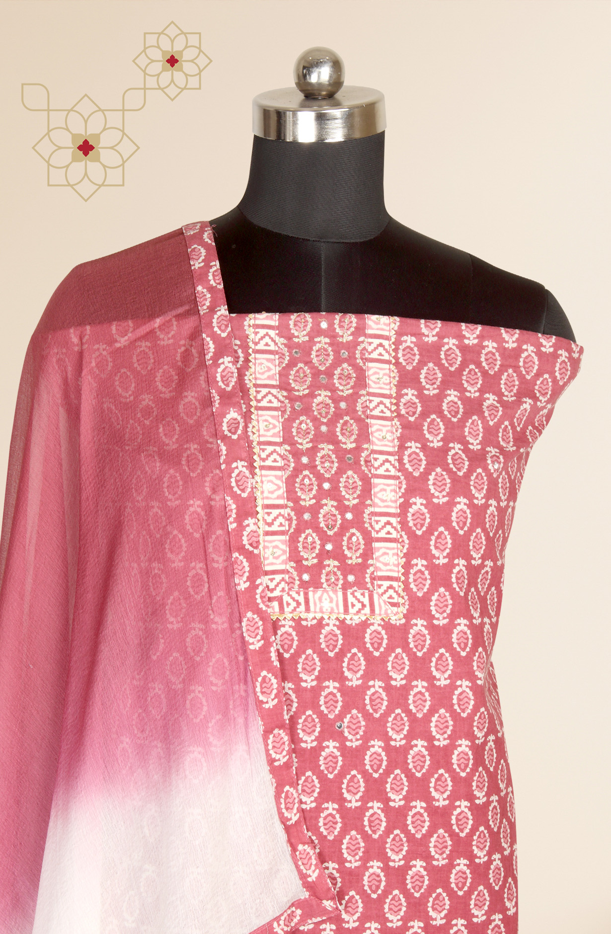 Mauve Cotton Printed Salwar Suit with Chiffon Dupatta - 983-3742-40A