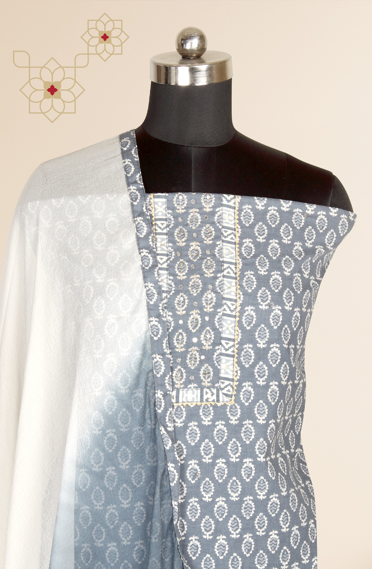 Grey Cotton Printed Salwar Suit with Chiffon Dupatta - 983-3742-40B