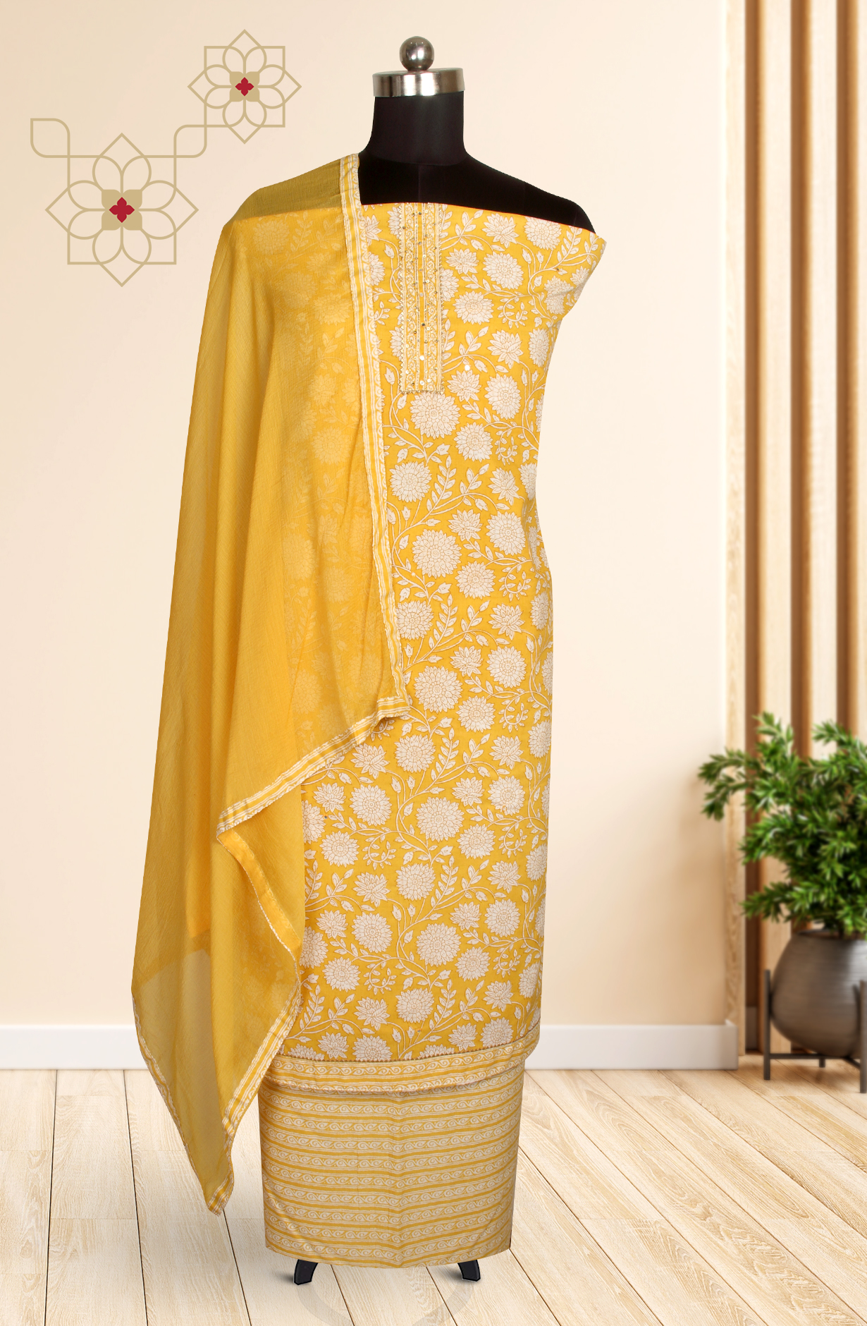 Mustard Cotton Printed Unstitched Salwar Suit with Chiffon Dupatta - 983-3742-48B