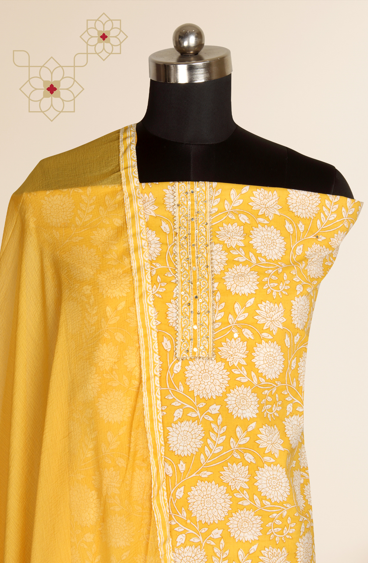 Mustard Cotton Printed Unstitched Salwar Suit with Chiffon Dupatta - 983-3742-48B