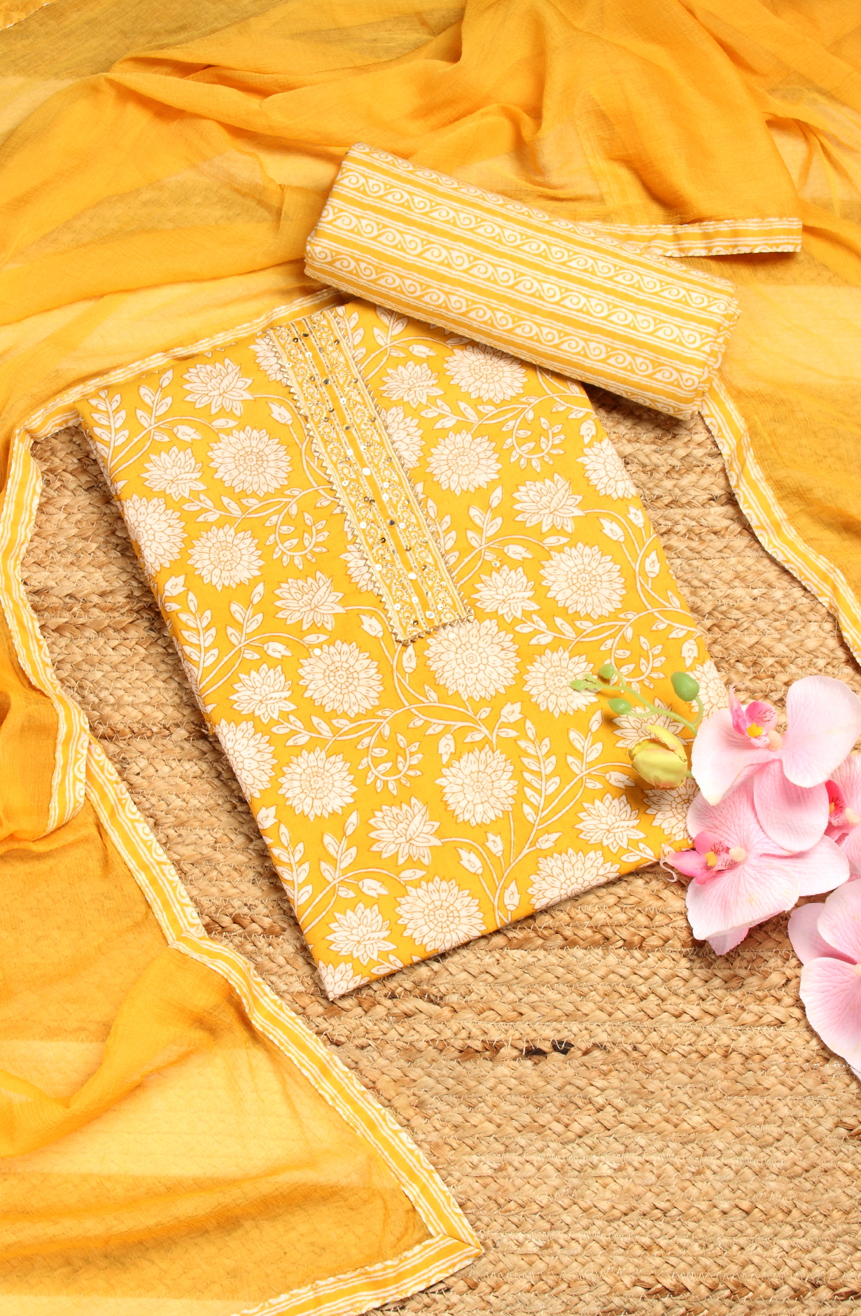 Mustard Cotton Printed Unstitched Salwar Suit with Chiffon Dupatta - 983-3742-48B