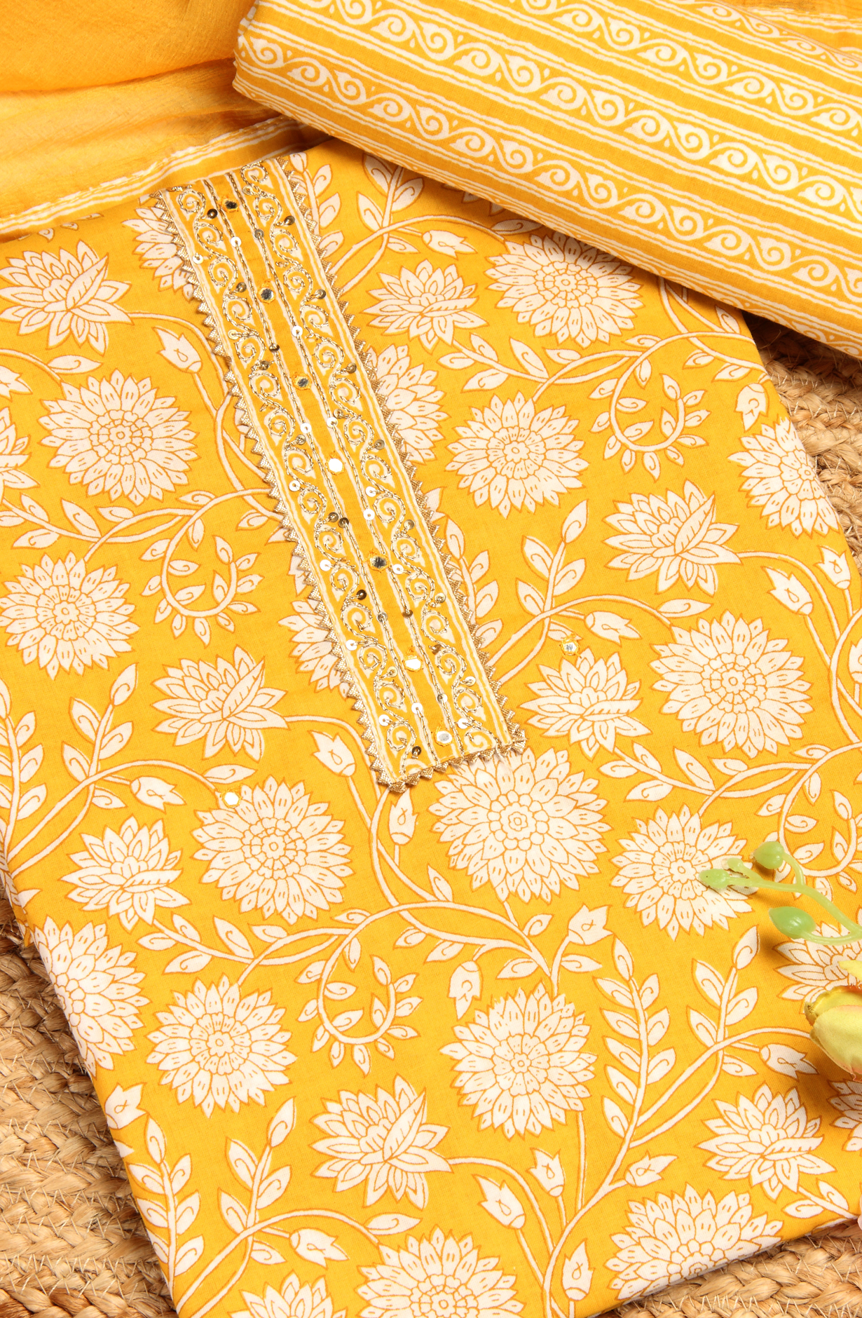 Mustard Cotton Printed Unstitched Salwar Suit with Chiffon Dupatta - 983-3742-48B