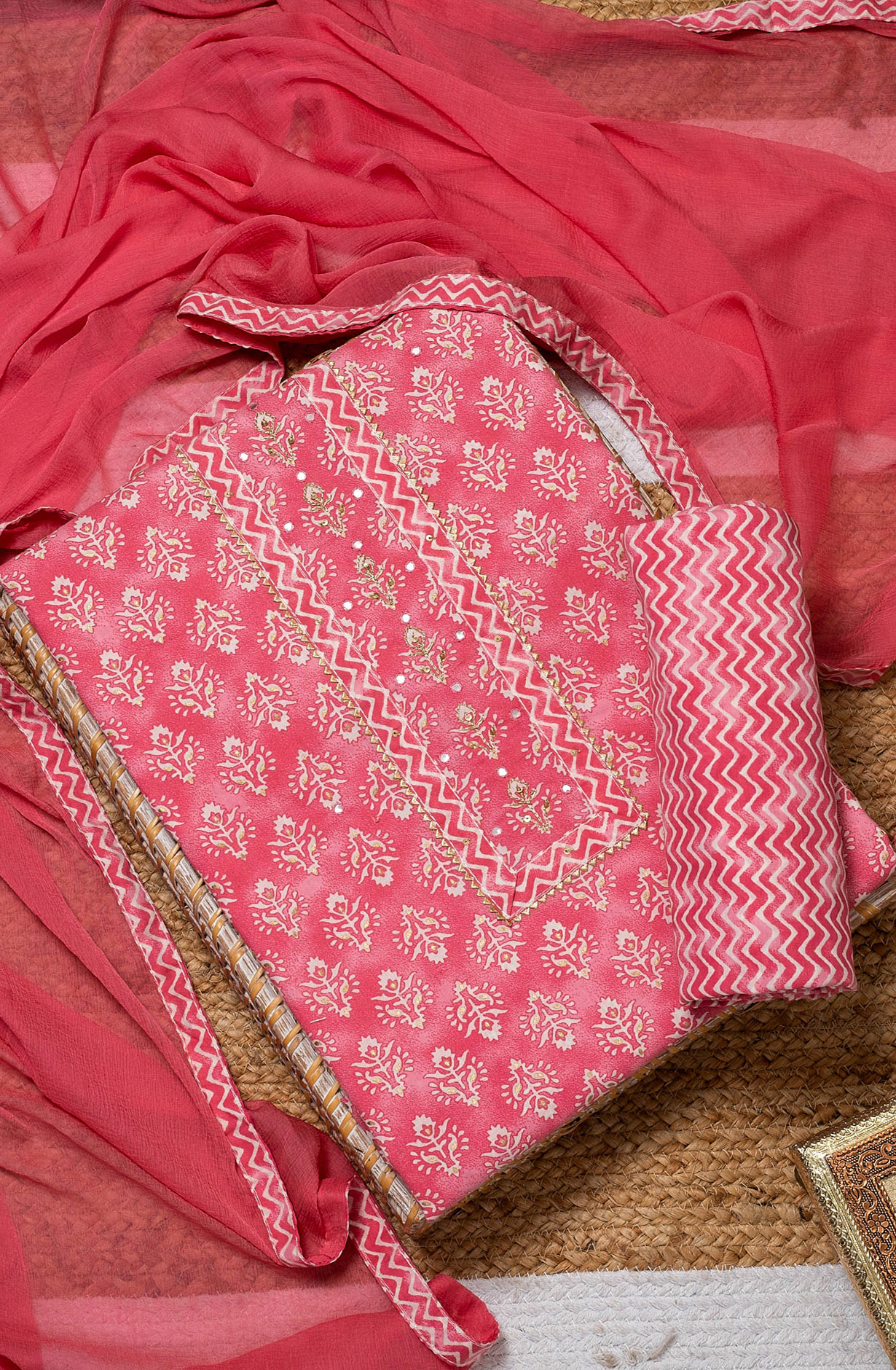Pink Cotton Printed Salwar Suit with Chiffon Dupatta - 983-3742-49A