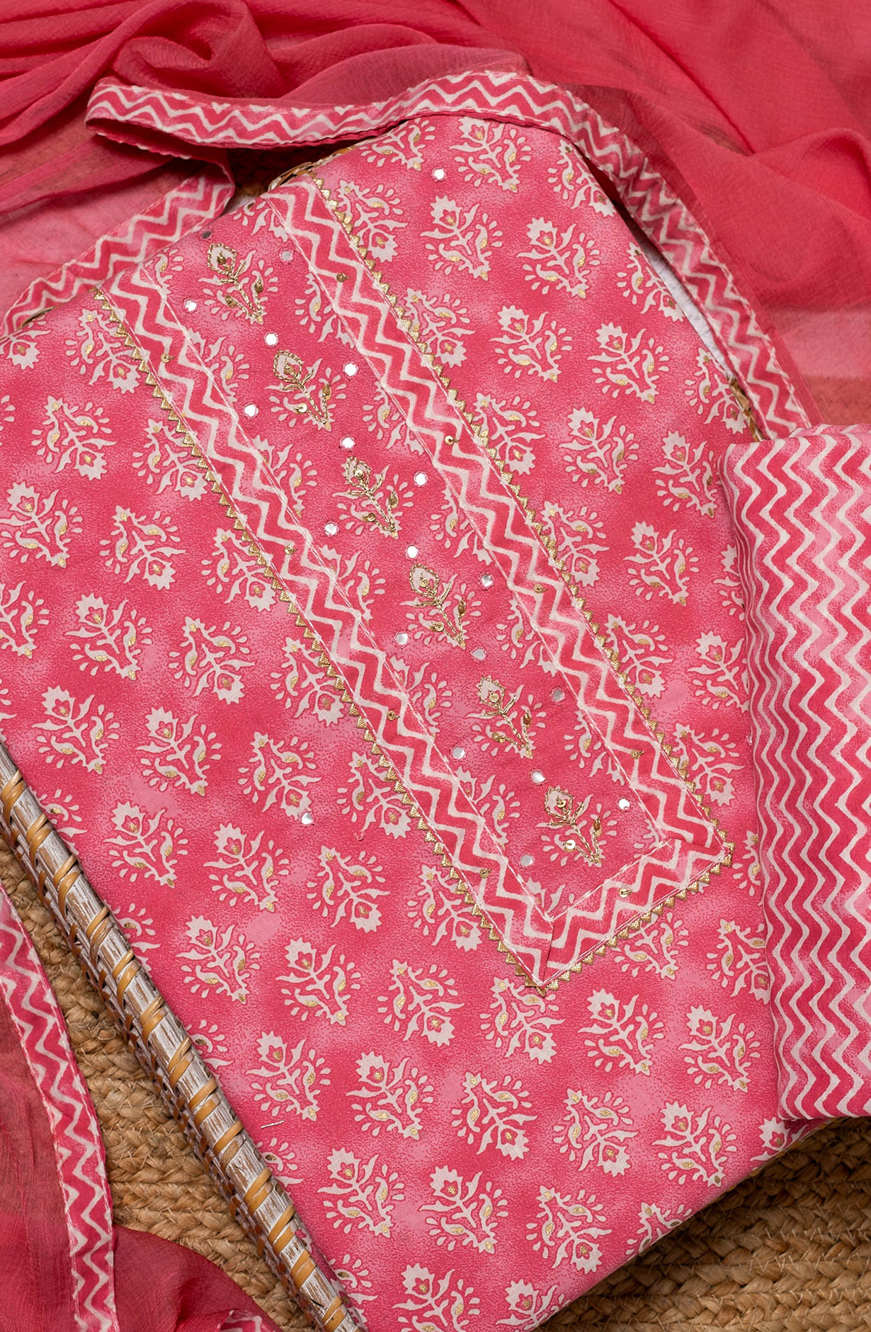 Pink Cotton Printed Salwar Suit with Chiffon Dupatta - 983-3742-49A