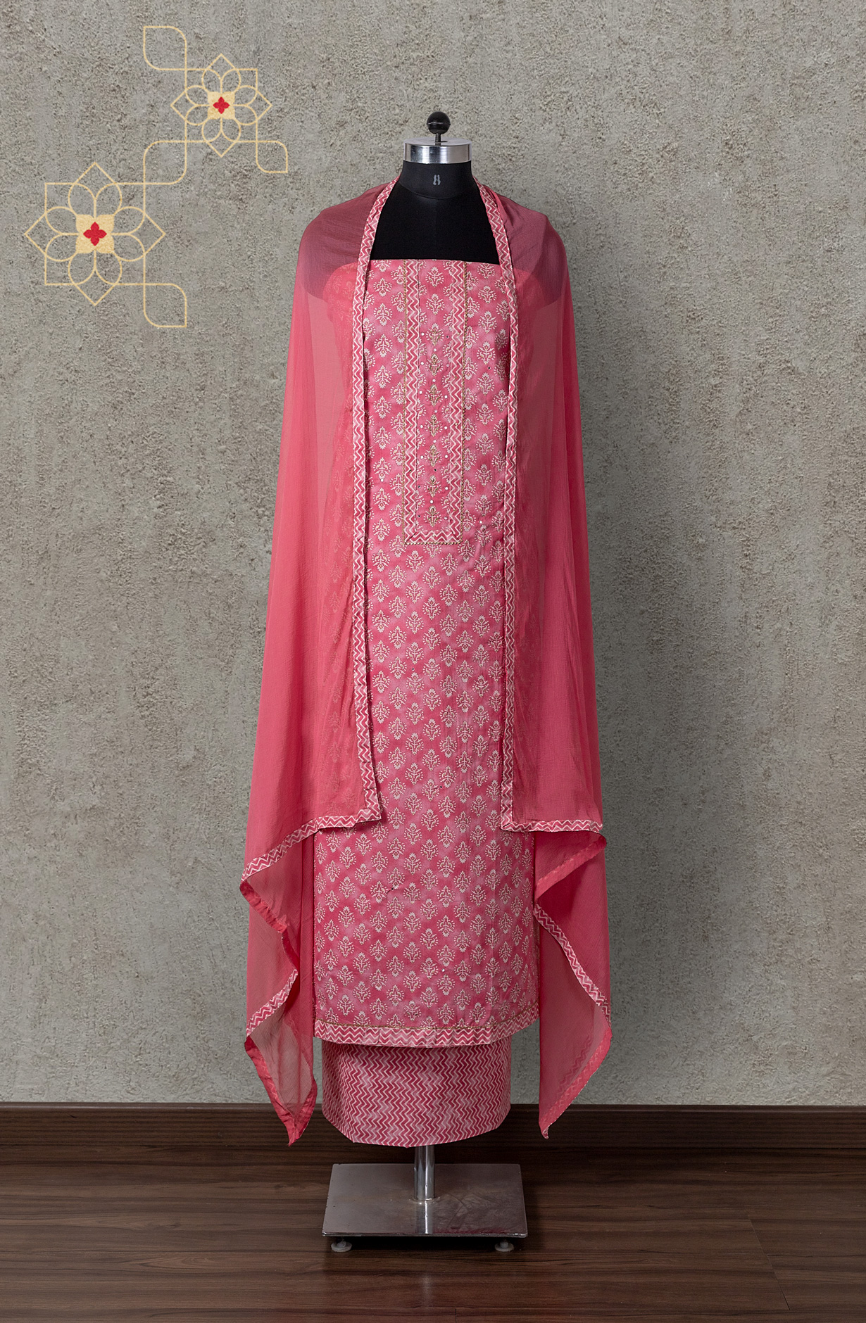 Pink Cotton Printed Salwar Suit with Chiffon Dupatta - 983-3742-49A