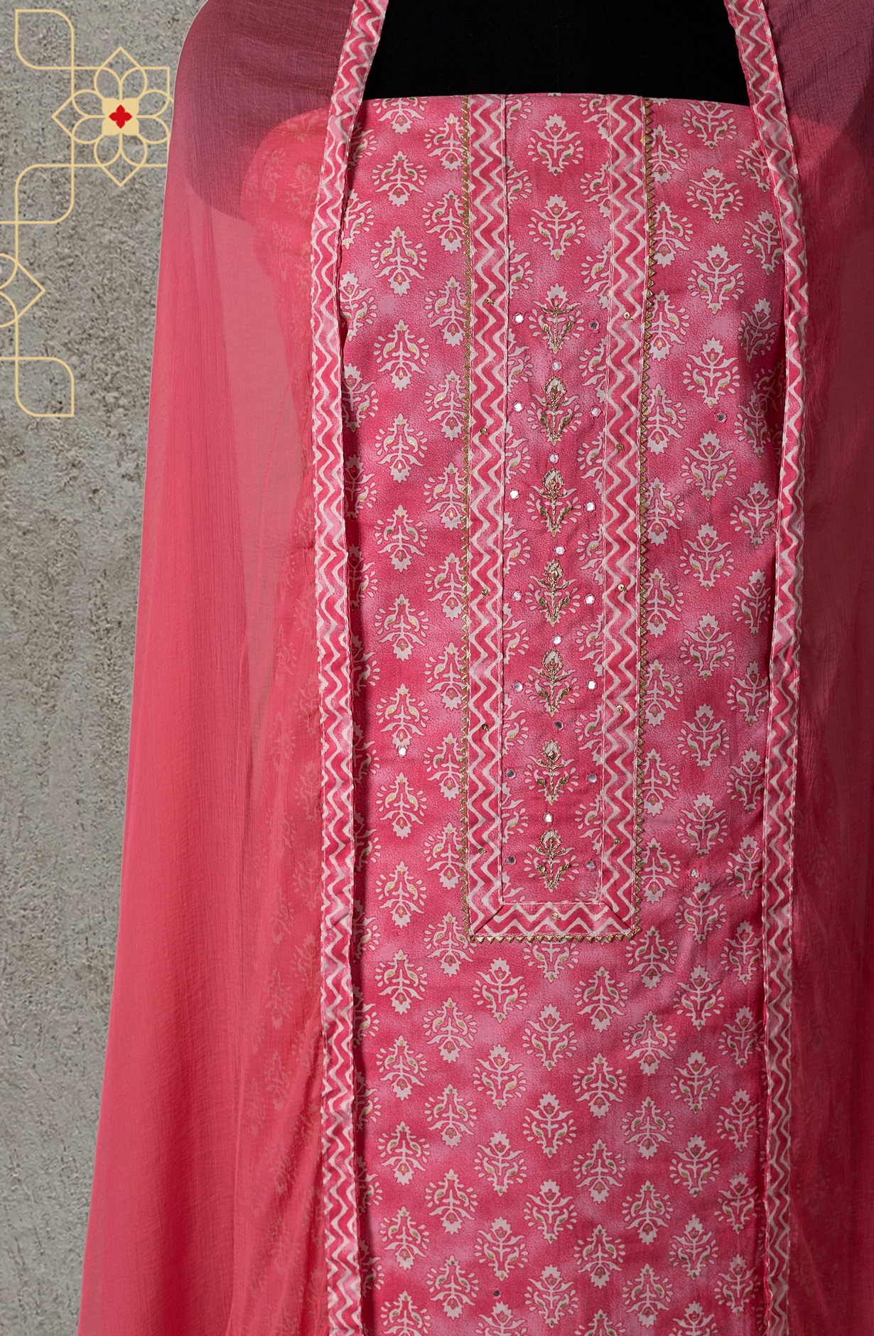 Pink Cotton Printed Salwar Suit with Chiffon Dupatta - 983-3742-49A